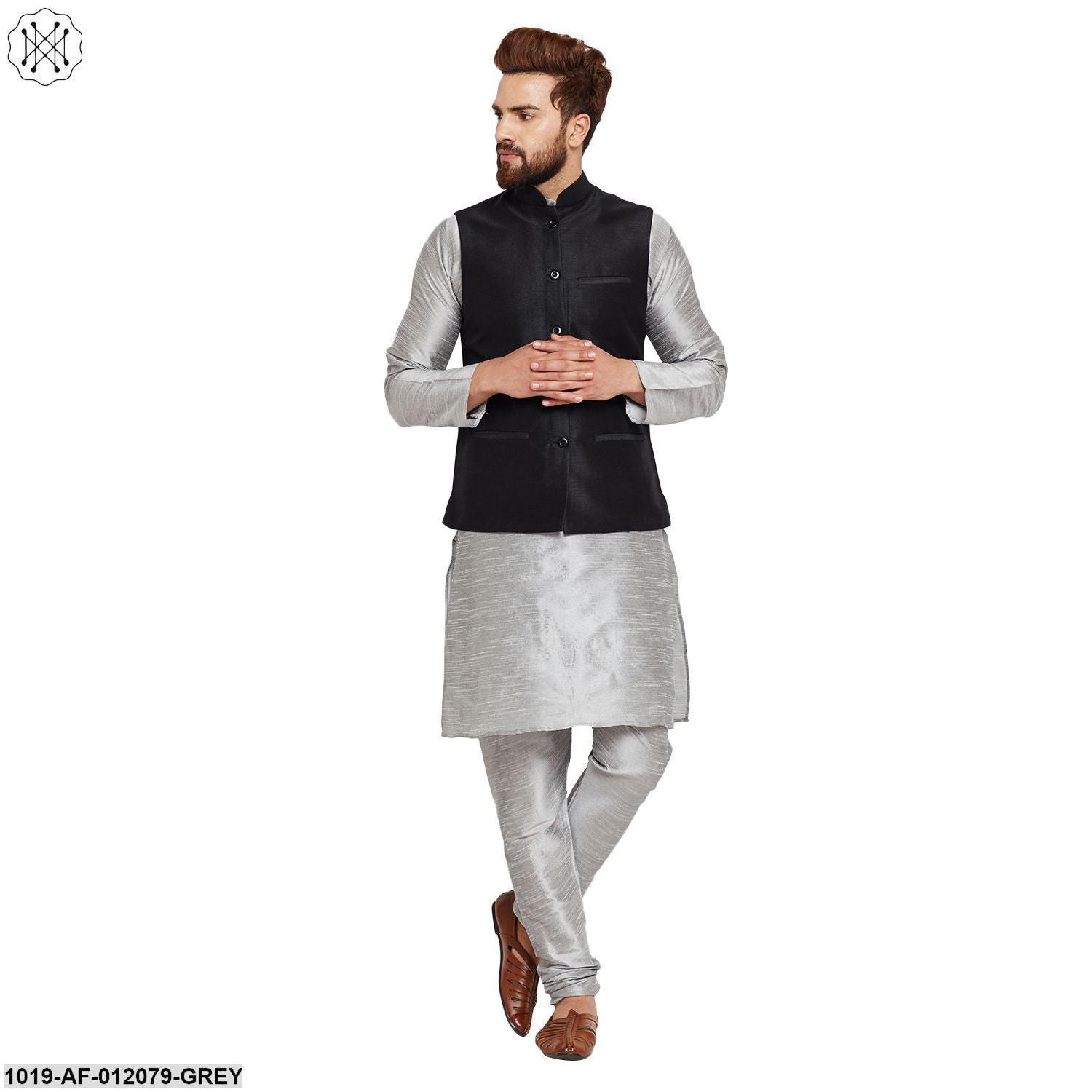 Men's Dupion Silk Kurta Pyjama And Nehru Jacket Set