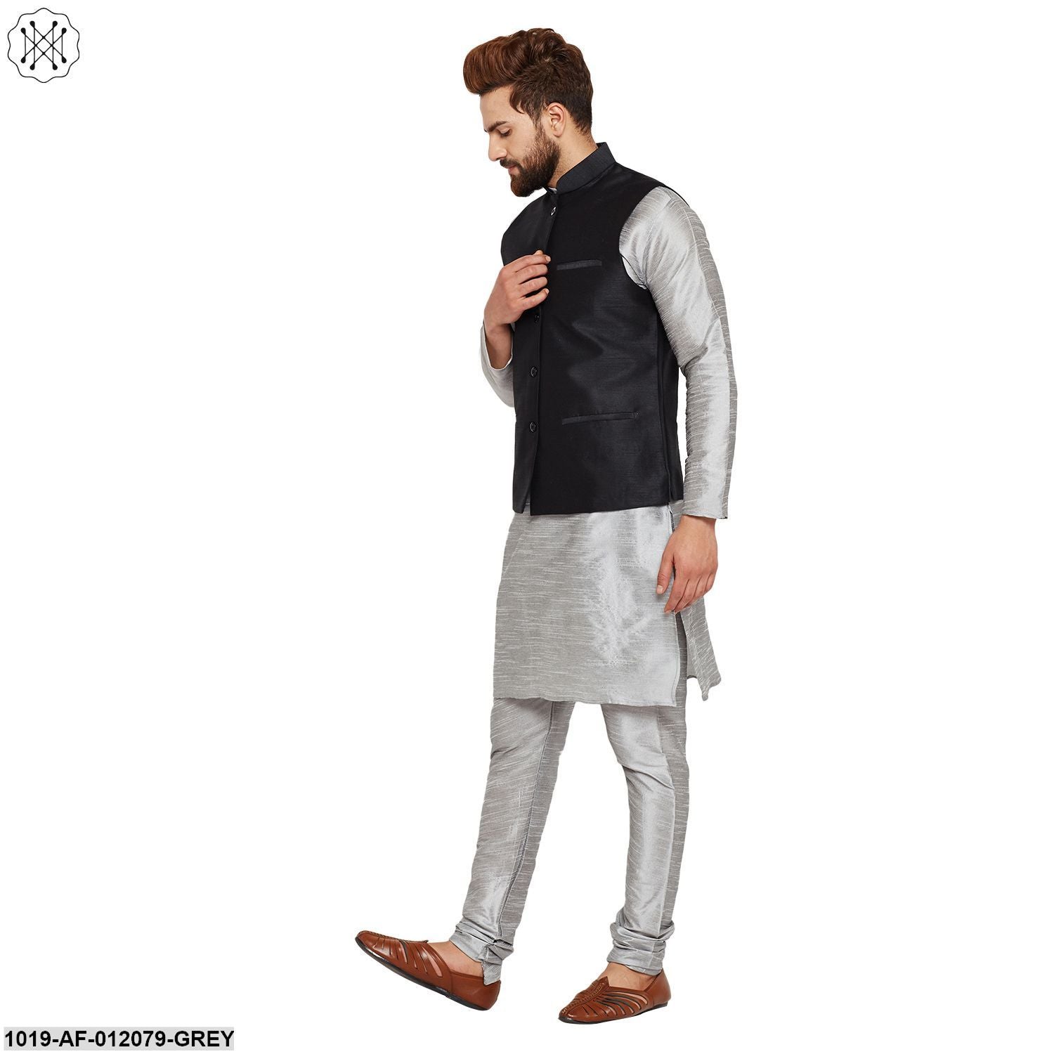 Men's Dupion Silk Kurta Pyjama And Nehru Jacket Set