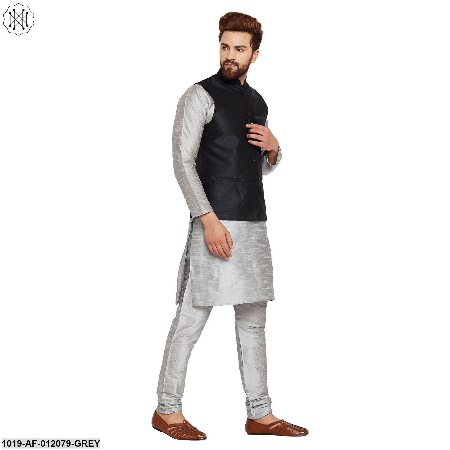 Men's Dupion Silk Kurta Pyjama And Nehru Jacket Set