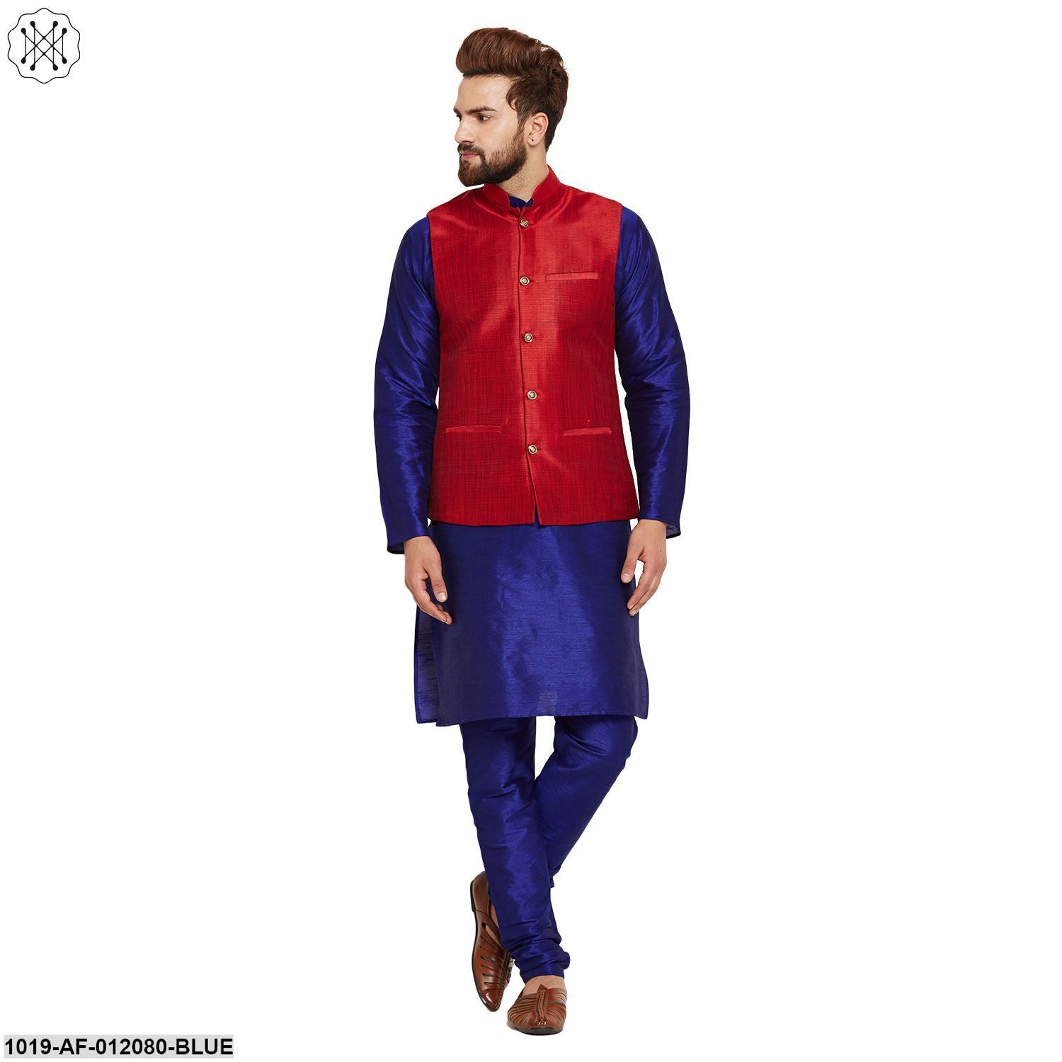 Men's Dupion Silk Kurta Pyjama And Nehru Jacket Set