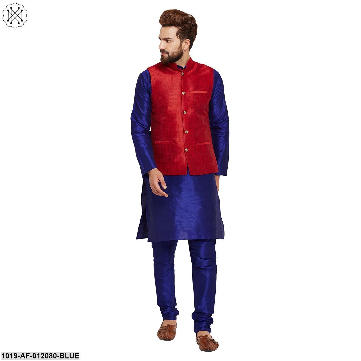 Men's Dupion Silk Kurta Pyjama And Nehru Jacket Set