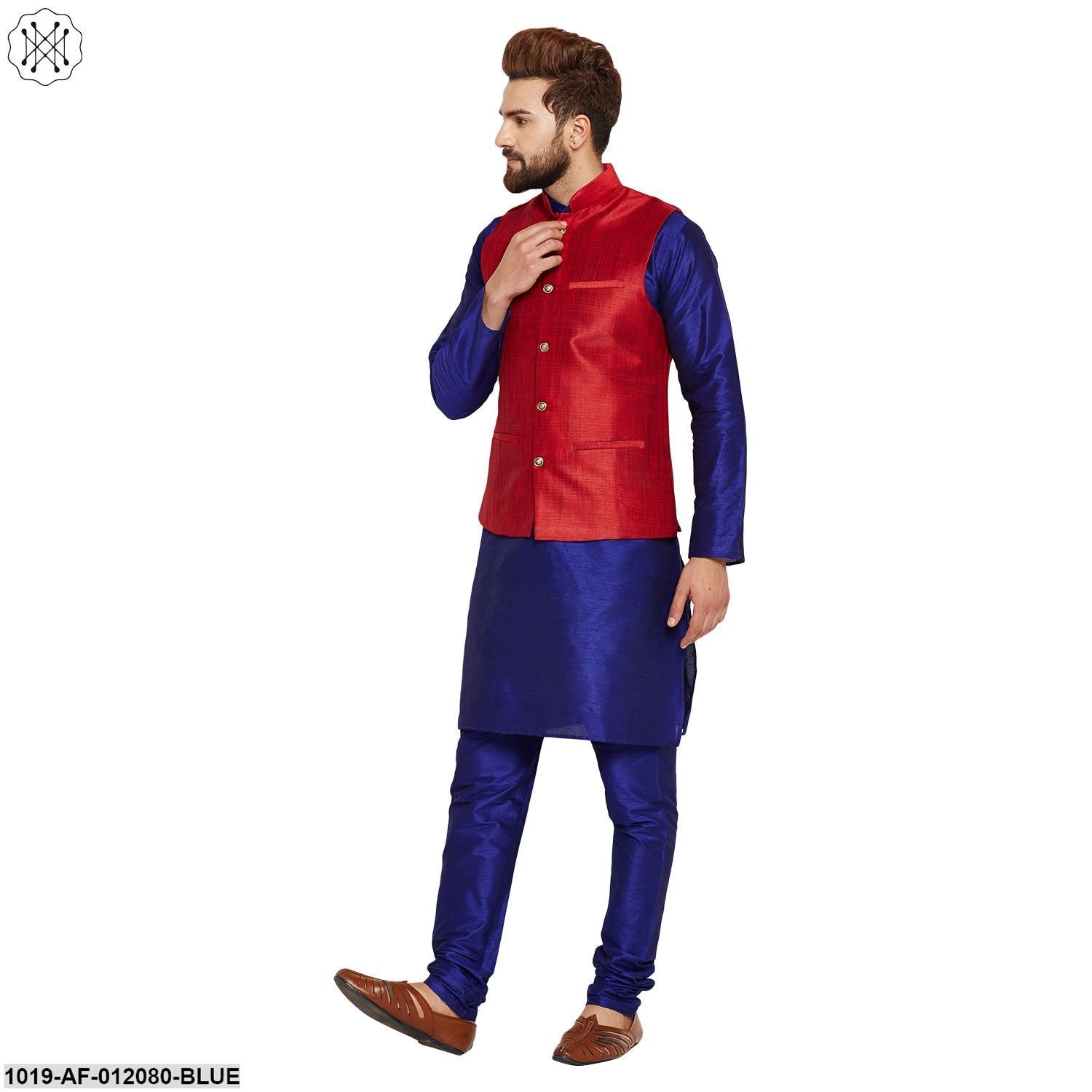 Men's Dupion Silk Kurta Pyjama And Nehru Jacket Set