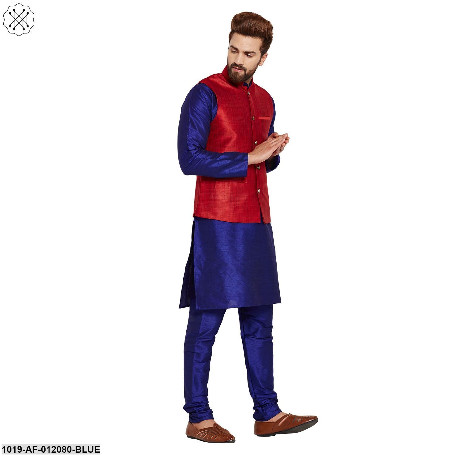 Men's Dupion Silk Kurta Pyjama And Nehru Jacket Set
