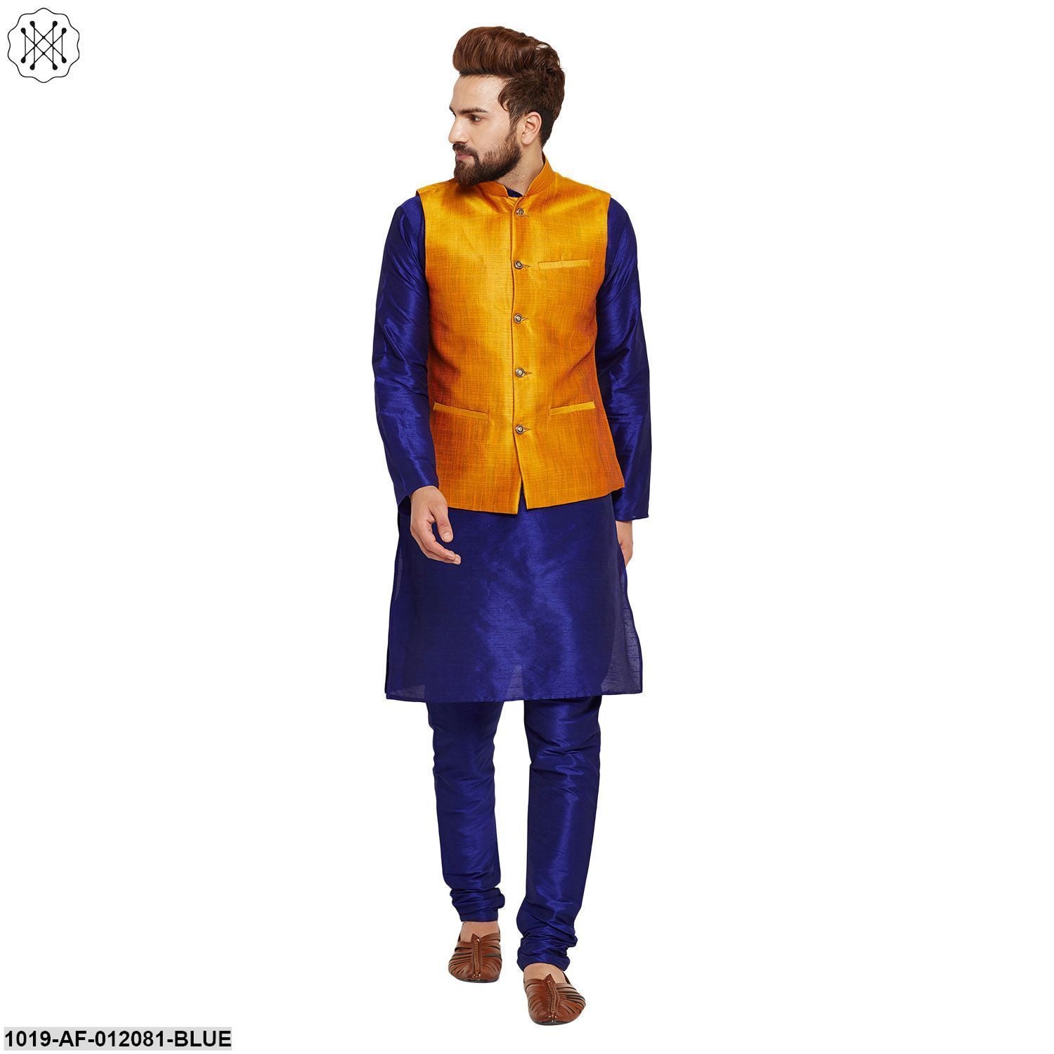 Men's Dupion Silk Kurta Pyjama And Nehru Jacket Set