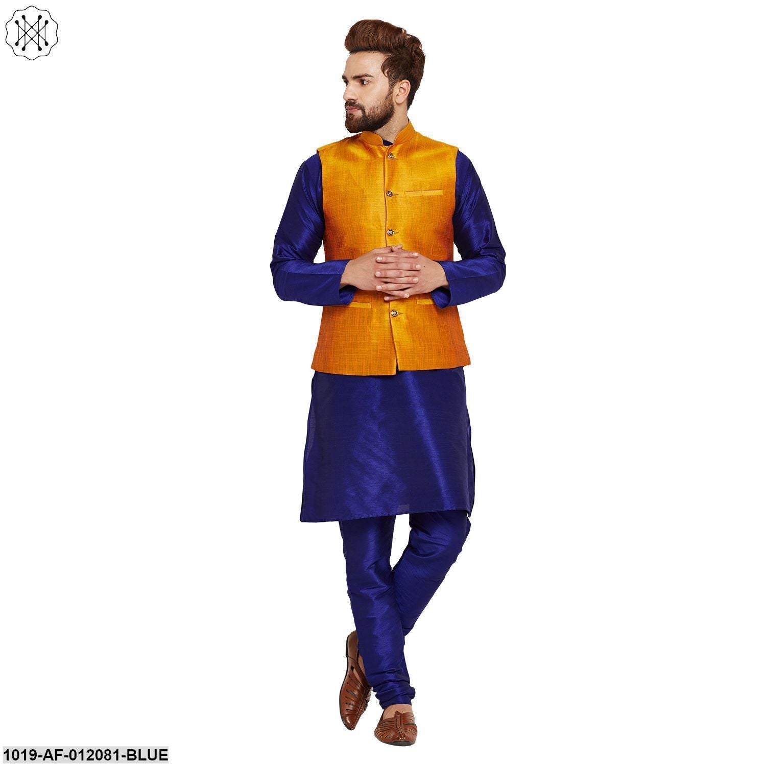 Men's Dupion Silk Kurta Pyjama And Nehru Jacket Set