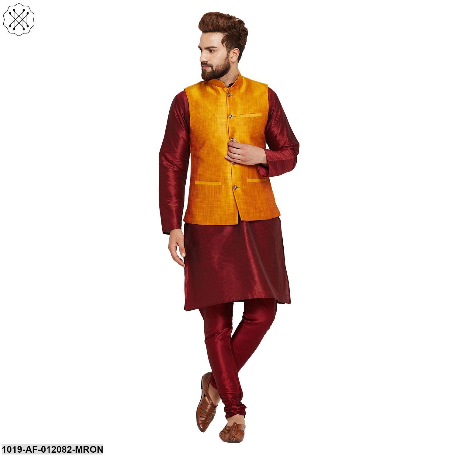 Men's Dupion Silk Kurta Pyjama And Nehru Jacket Set