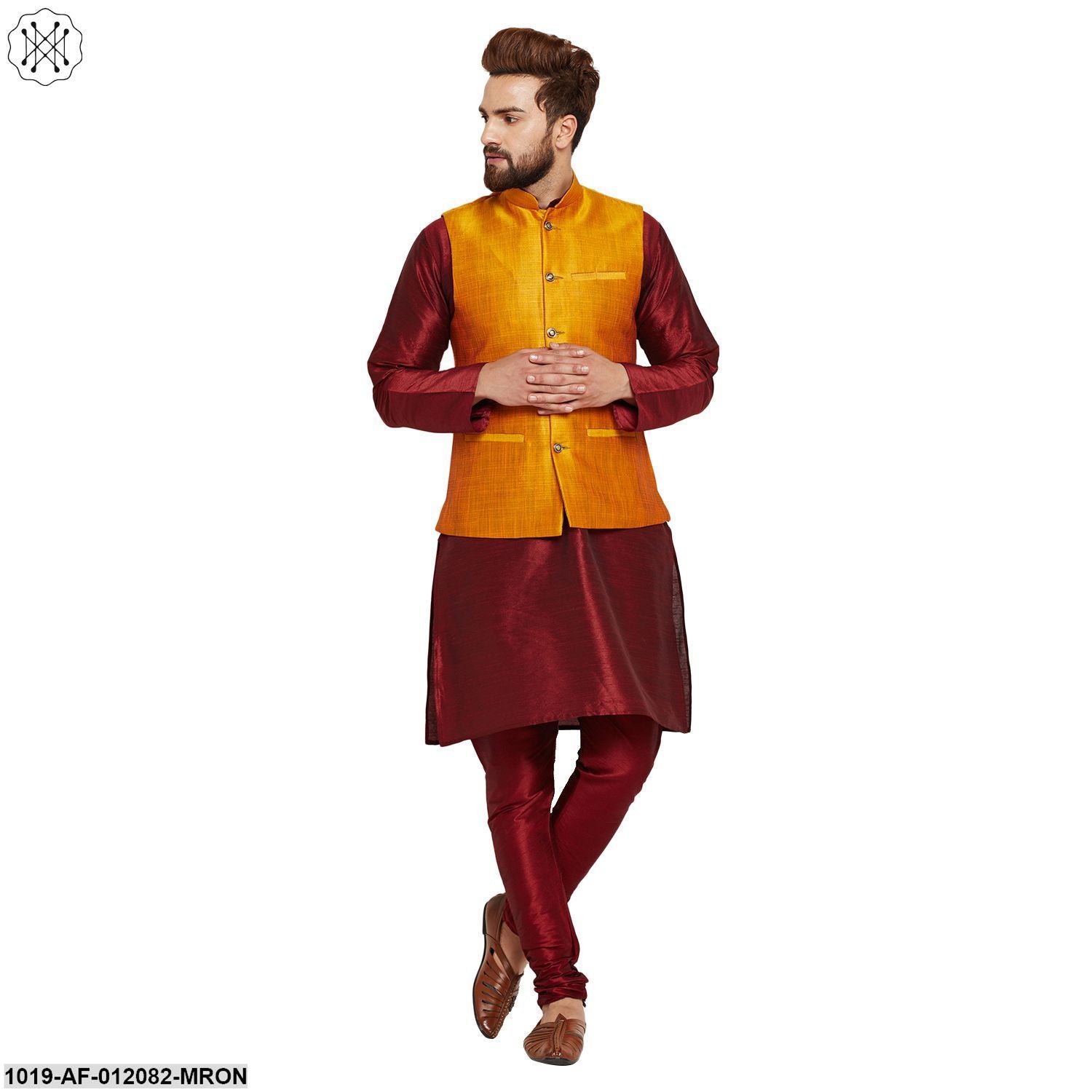 Men's Dupion Silk Kurta Pyjama And Nehru Jacket Set