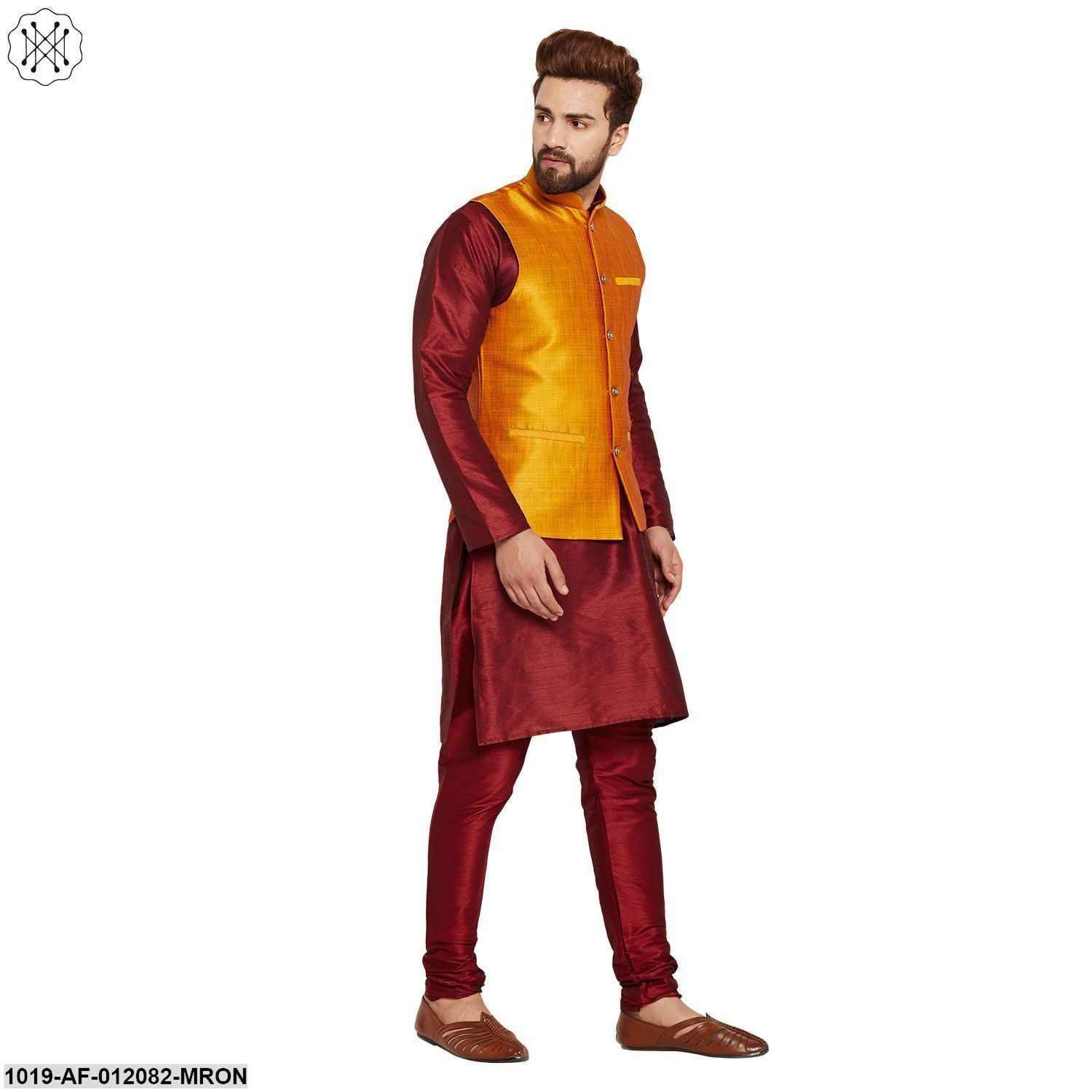 Men's Dupion Silk Kurta Pyjama And Nehru Jacket Set