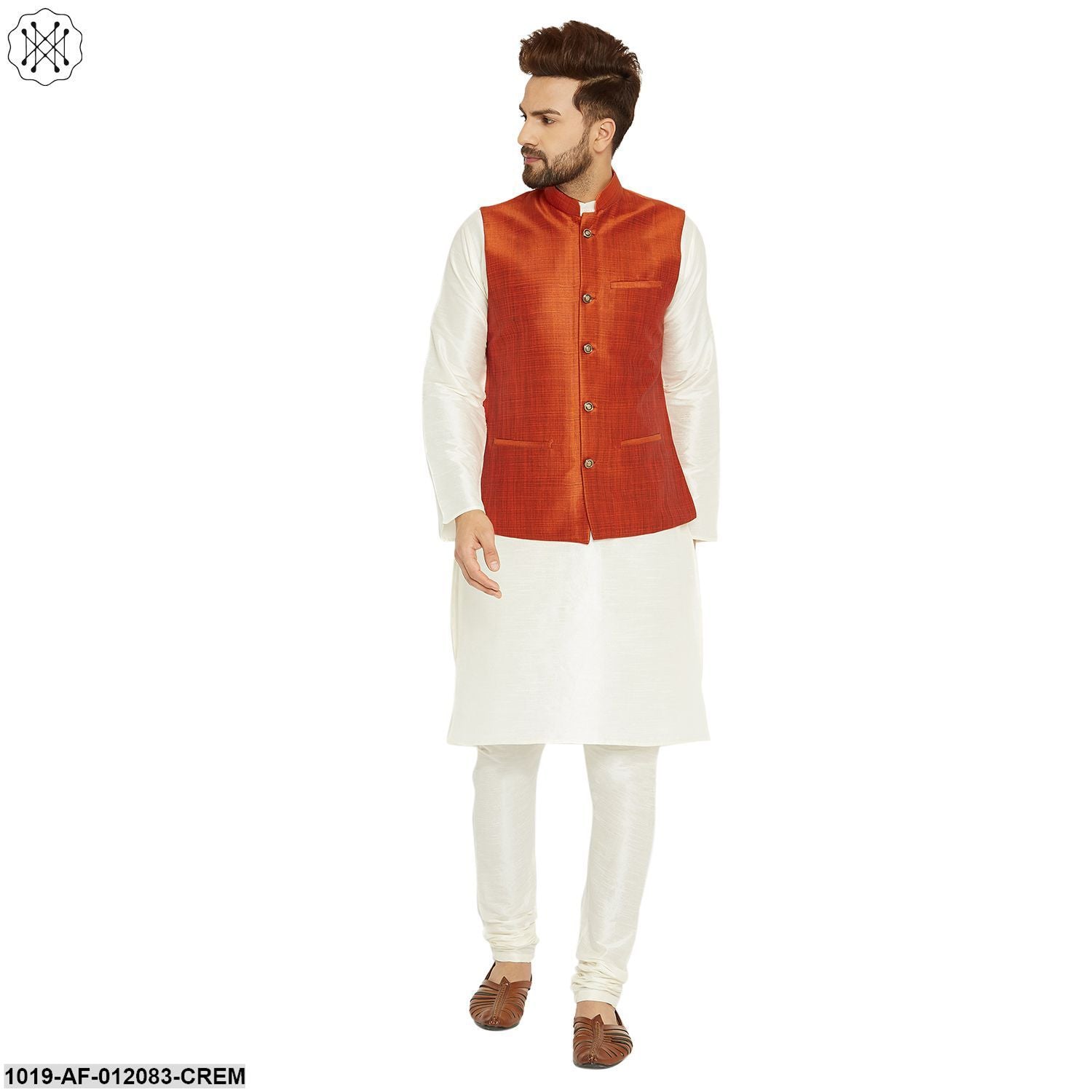 Men's Dupion Silk Kurta Pyjama And Nehru Jacket Set
