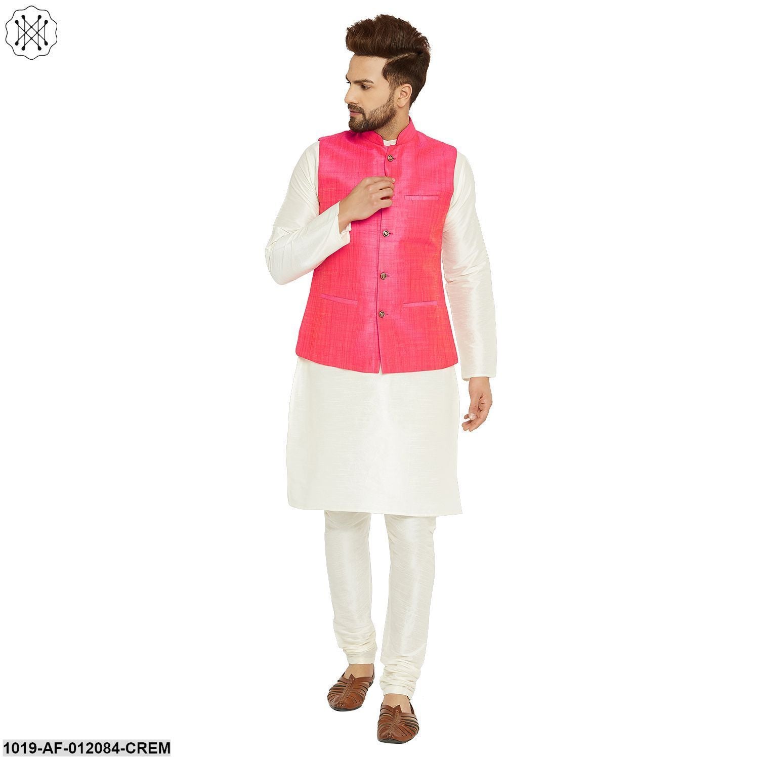 Men's Dupion Silk Kurta Pyjama And Nehru Jacket Set