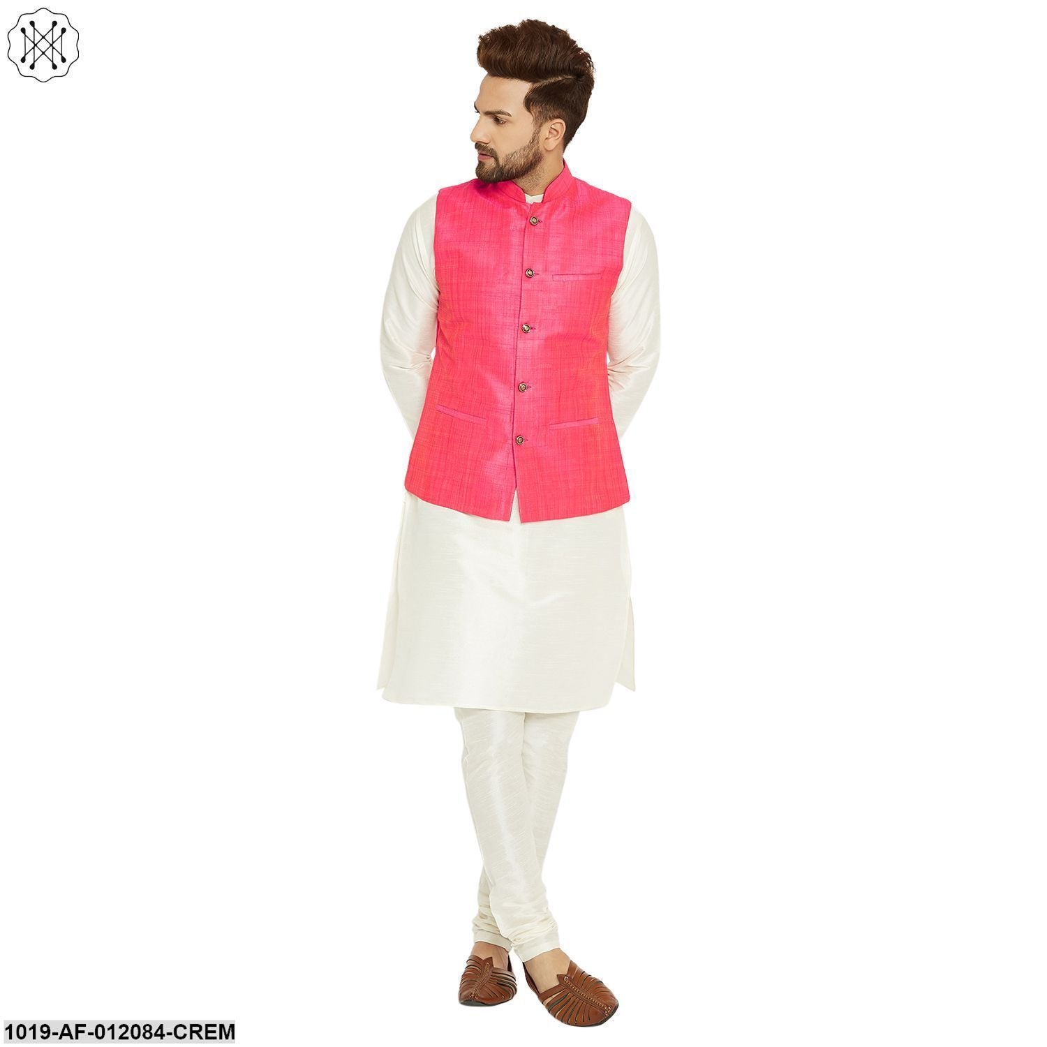 Men's Dupion Silk Kurta Pyjama And Nehru Jacket Set