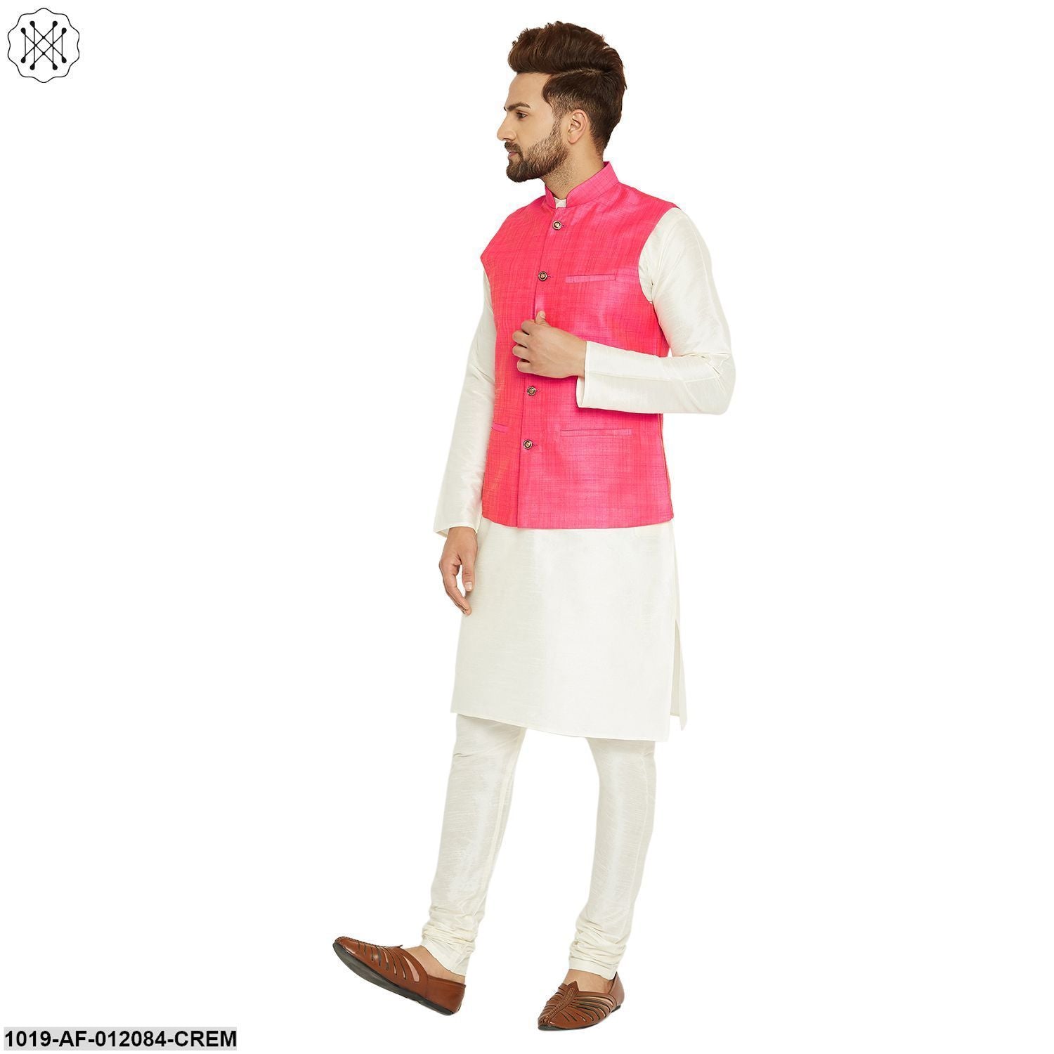 Men's Dupion Silk Kurta Pyjama And Nehru Jacket Set