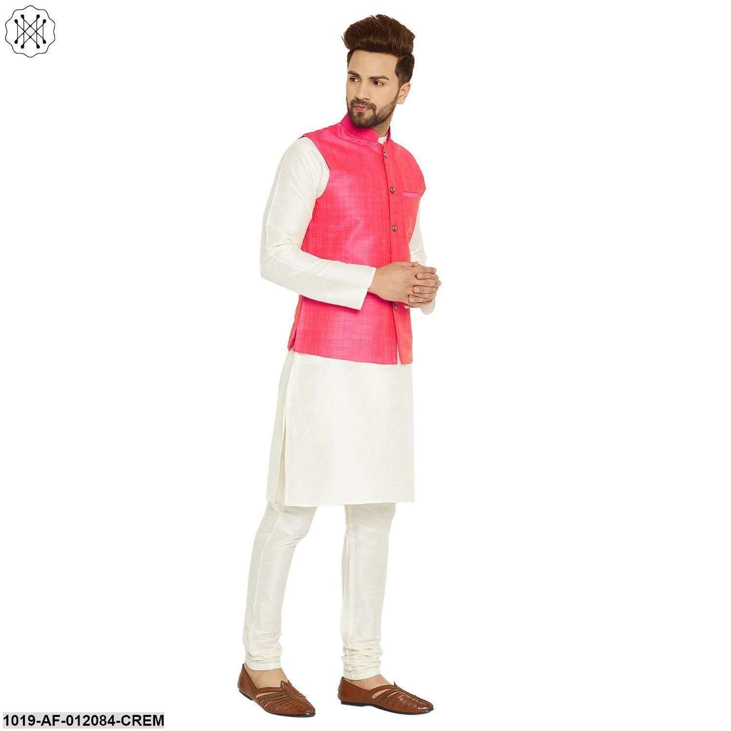 Men's Dupion Silk Kurta Pyjama And Nehru Jacket Set
