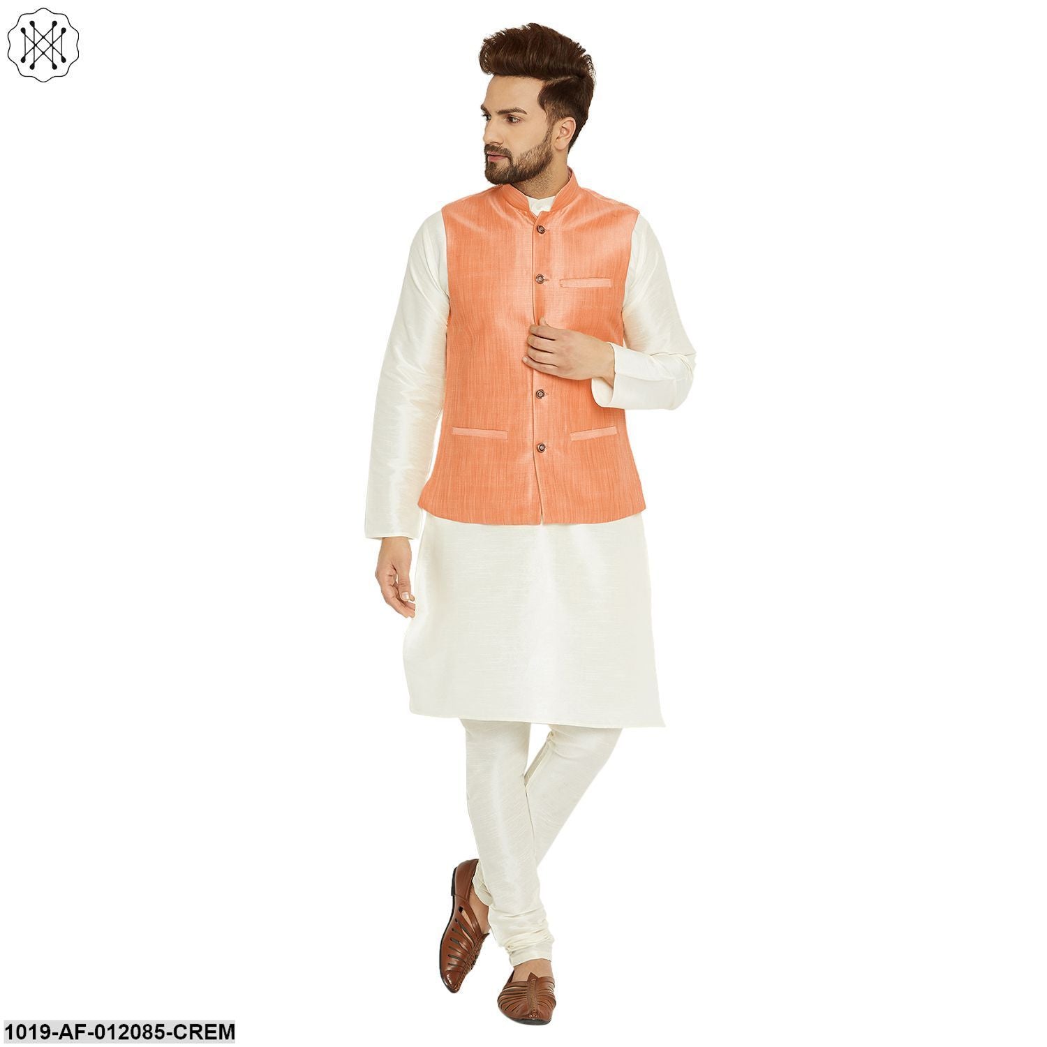 Men's Dupion Silk Kurta Pyjama And Nehru Jacket Set