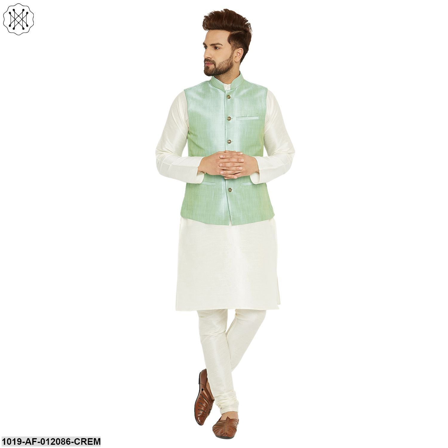 Men's Dupion Silk Kurta Pyjama And Nehru Jacket Set