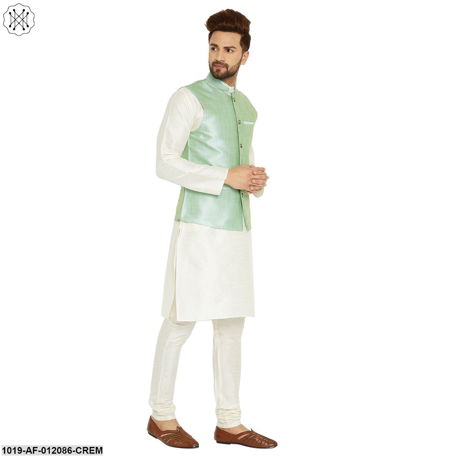 Men's Dupion Silk Kurta Pyjama And Nehru Jacket Set