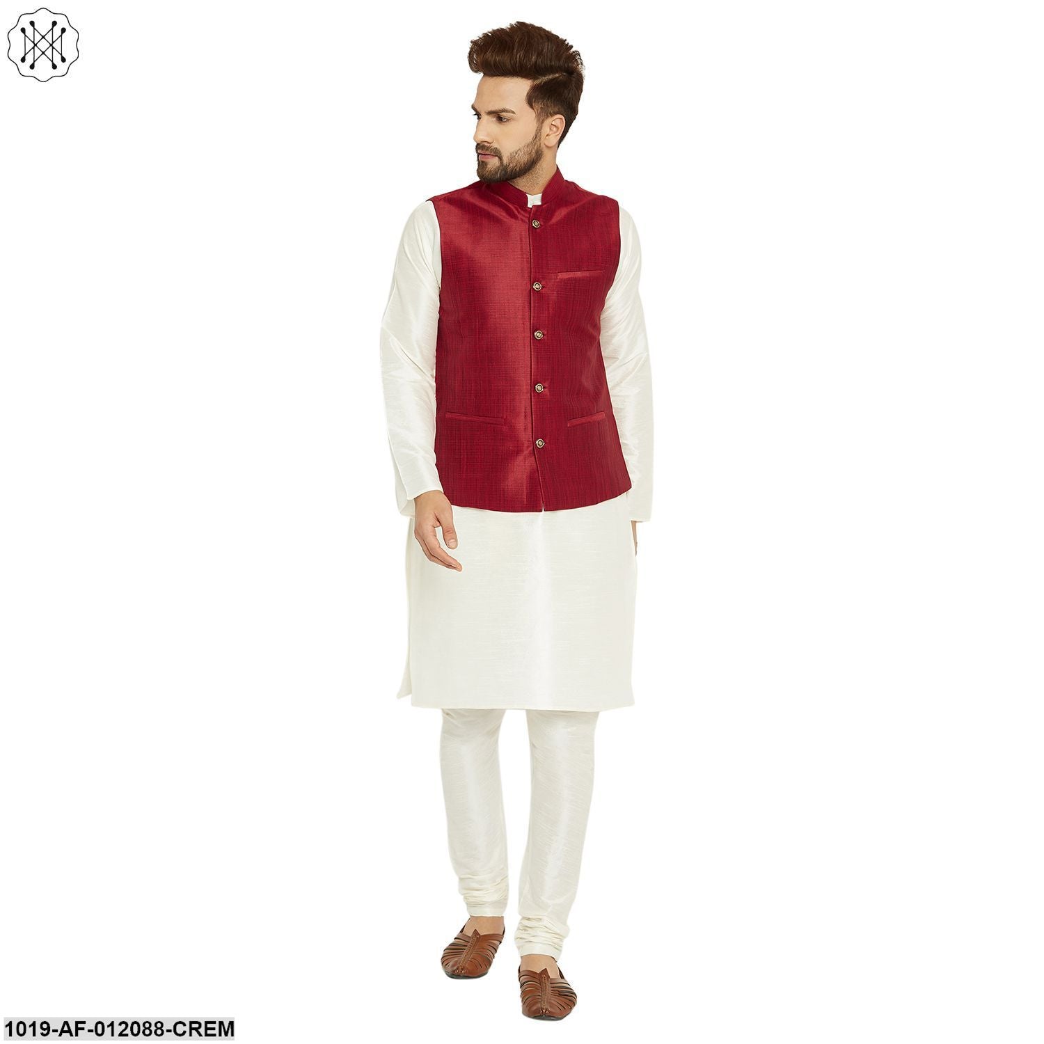 Men's Dupion Silk Kurta Pyjama And Nehru Jacket Set