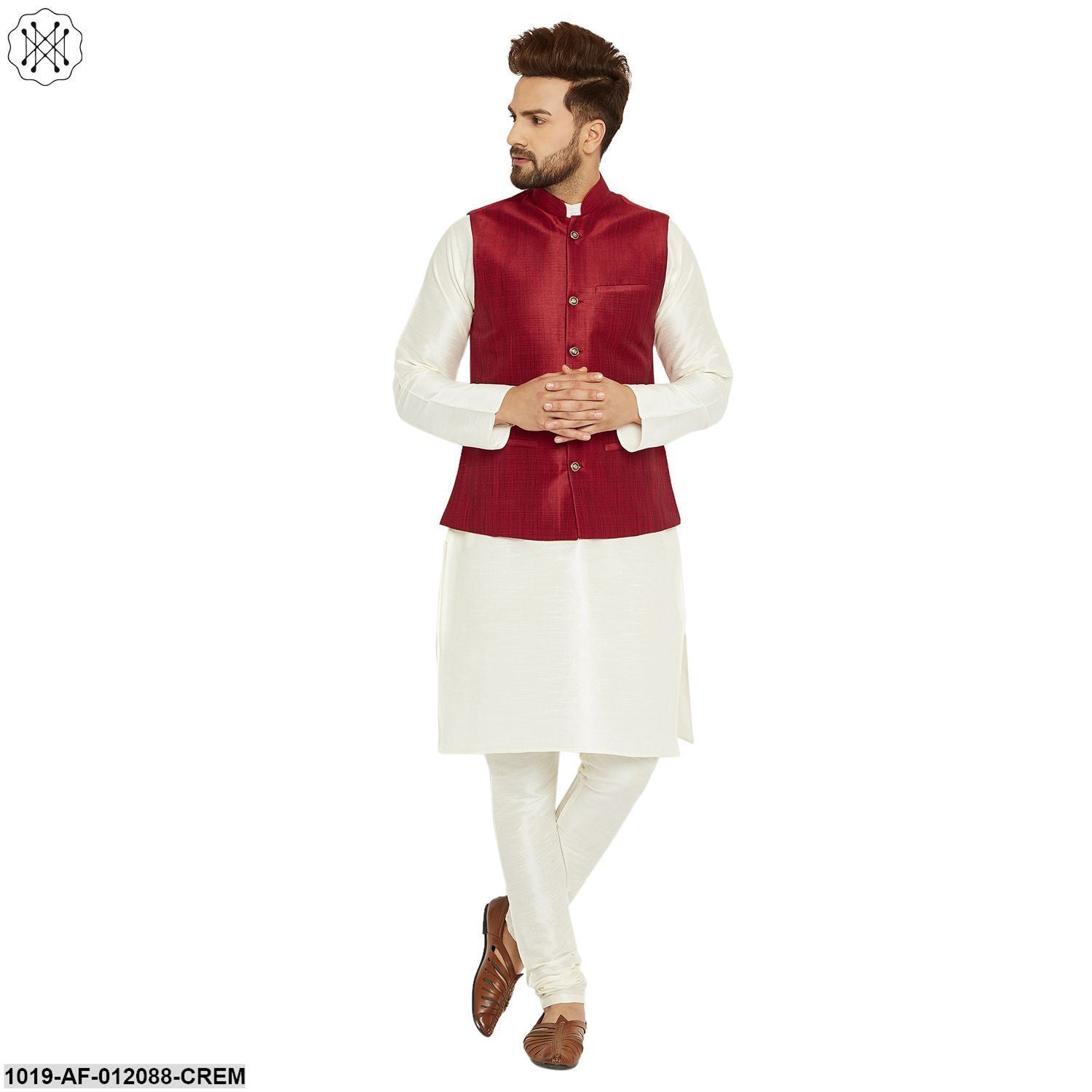 Men's Dupion Silk Kurta Pyjama And Nehru Jacket Set