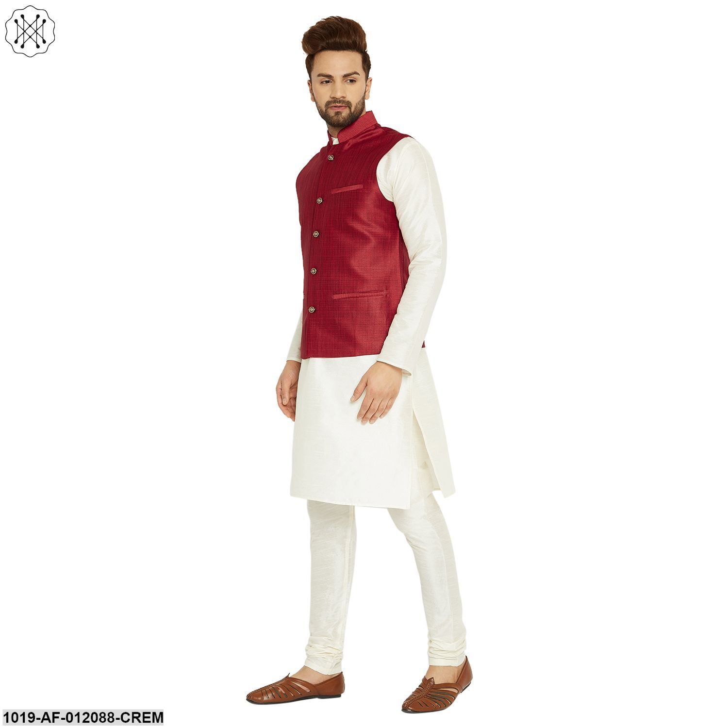 Men's Dupion Silk Kurta Pyjama And Nehru Jacket Set