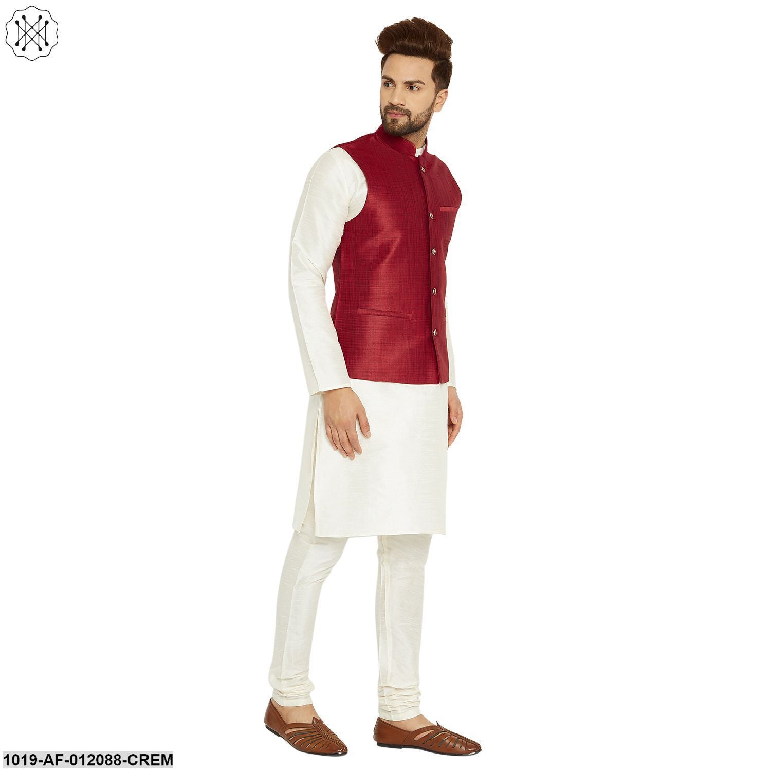 Men's Dupion Silk Kurta Pyjama And Nehru Jacket Set
