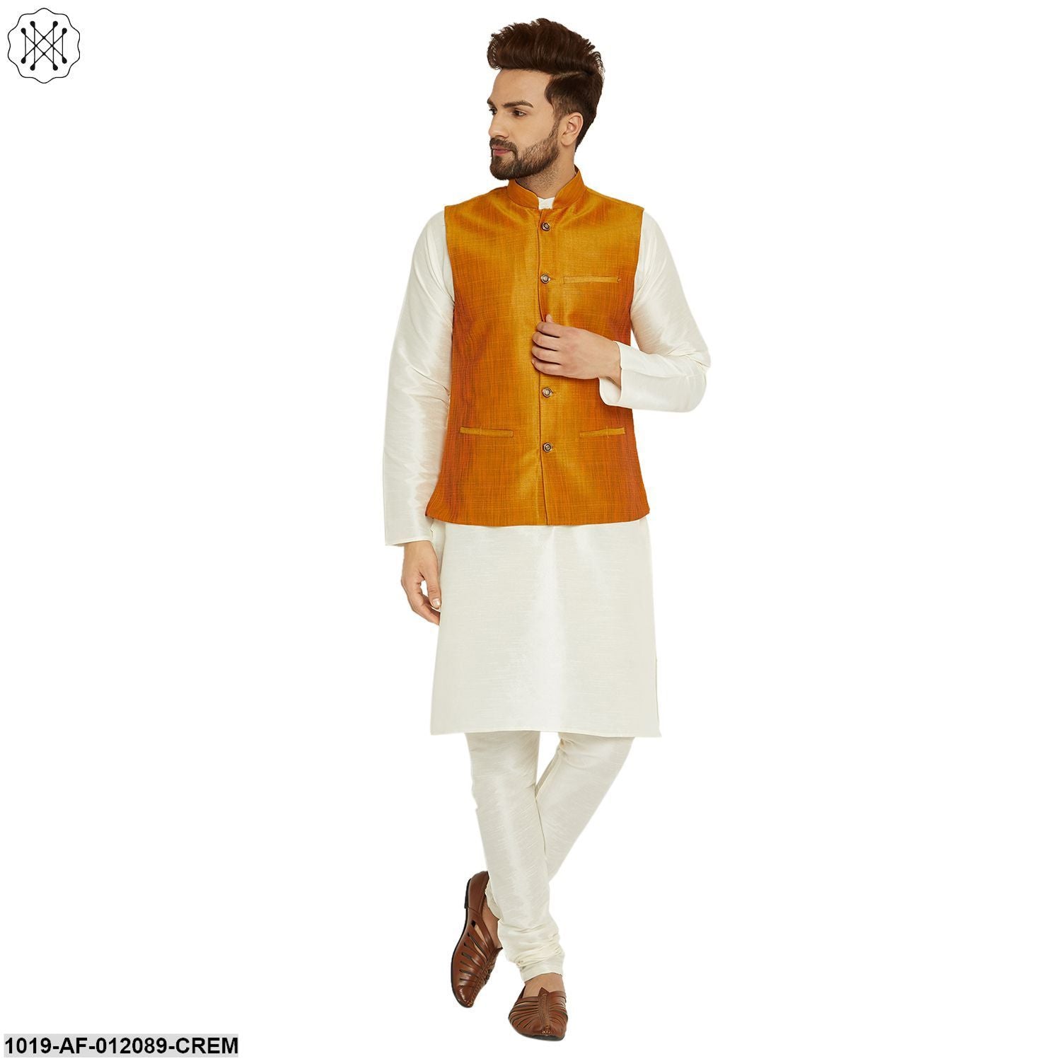 Men's Dupion Silk Kurta Pyjama And Nehru Jacket Set