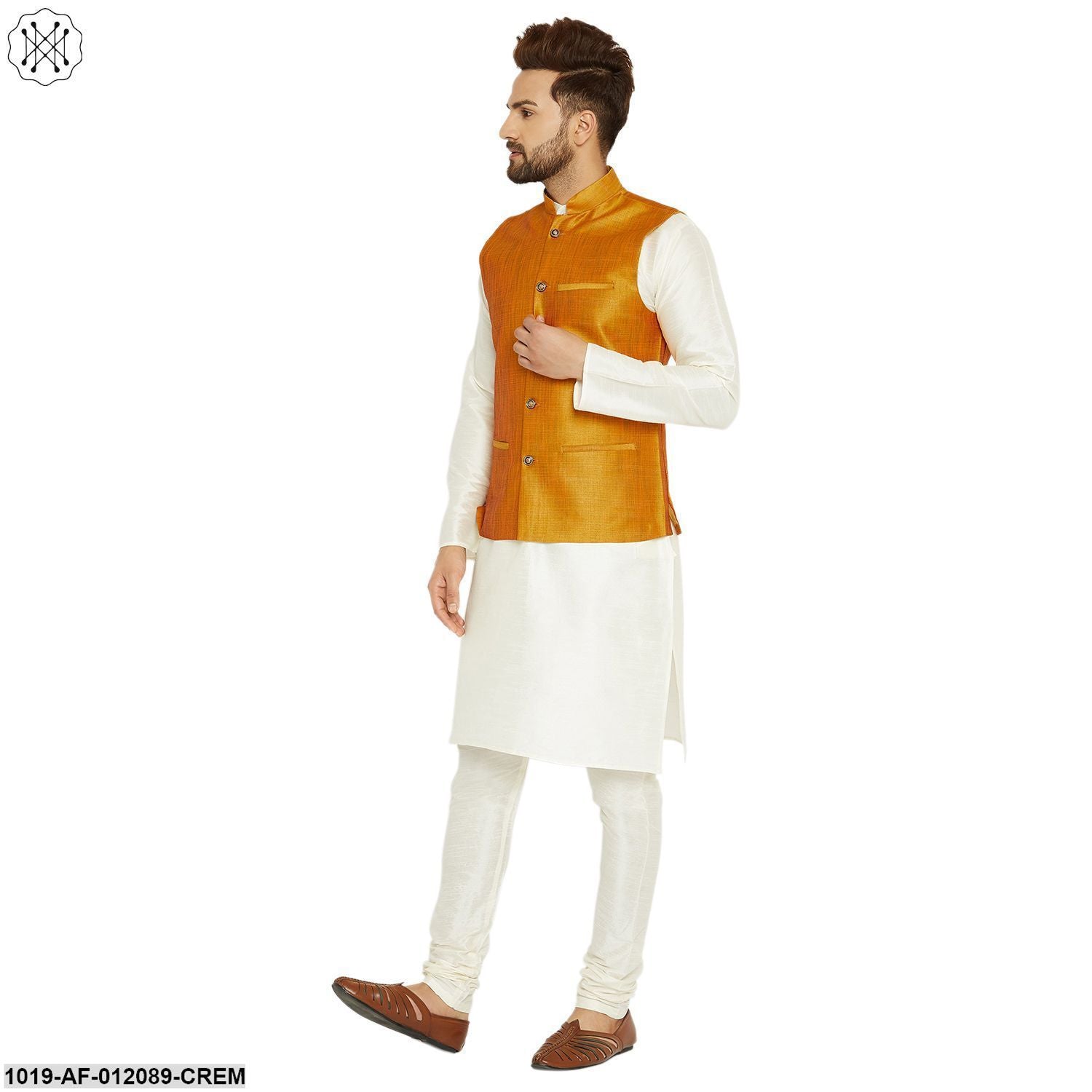 Men's Dupion Silk Kurta Pyjama And Nehru Jacket Set