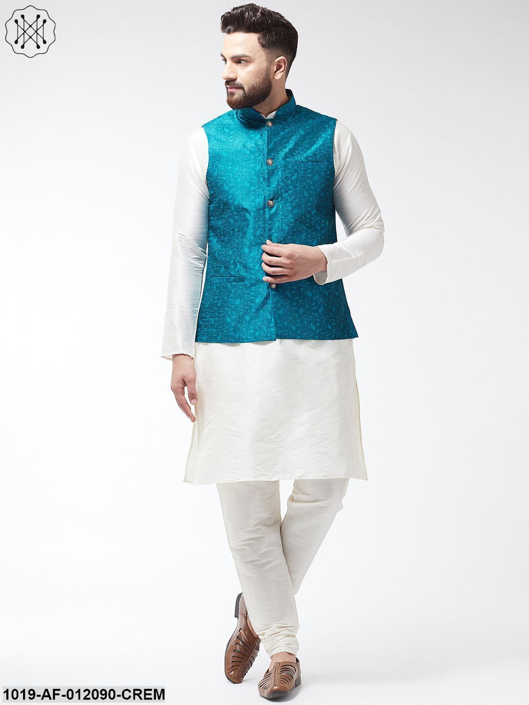 Men's Dupion Silk Kurta Pyjama And Jacquard Silk Nehru Jacket Set