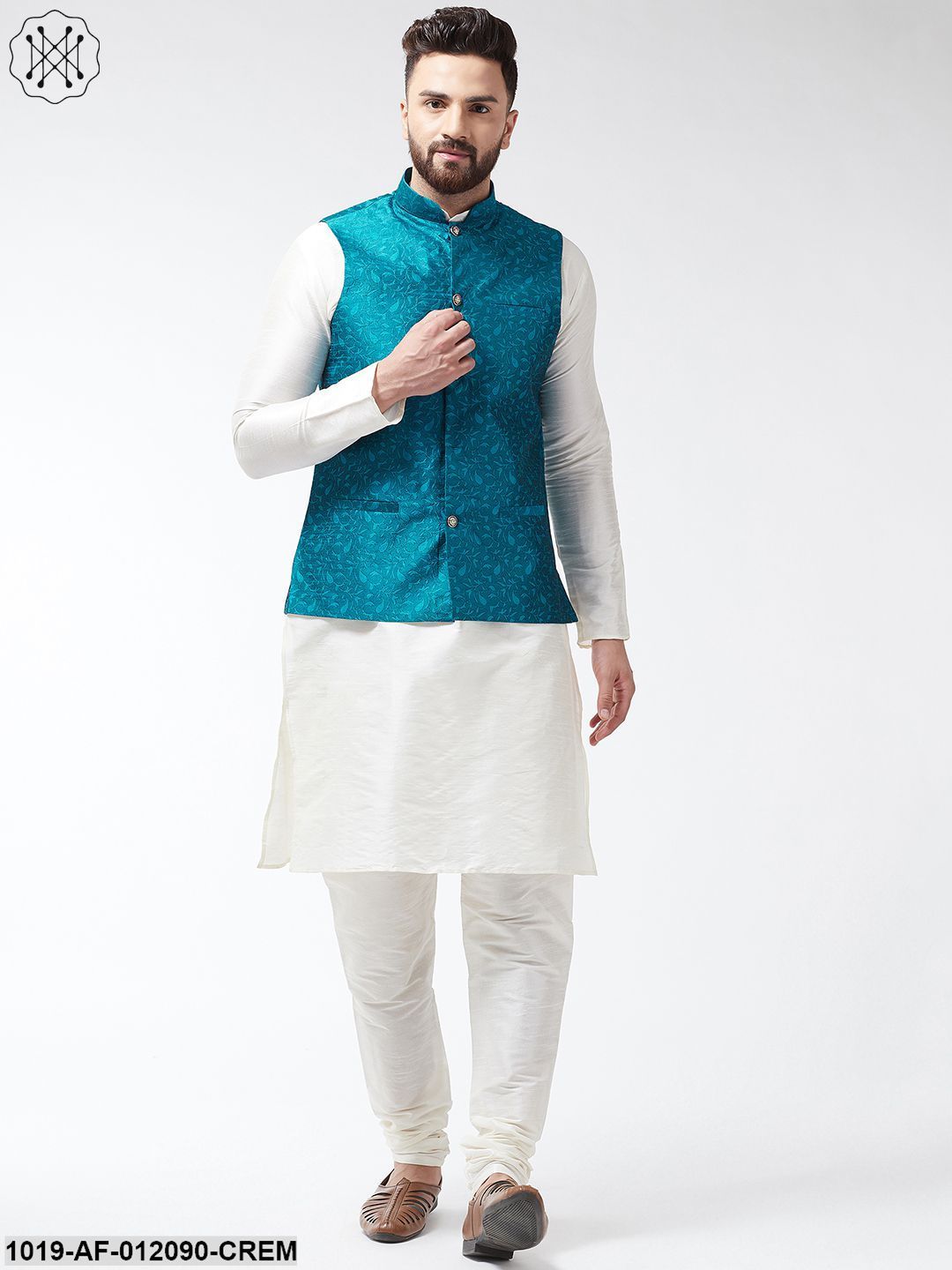 Men's Dupion Silk Kurta Pyjama And Jacquard Silk Nehru Jacket Set