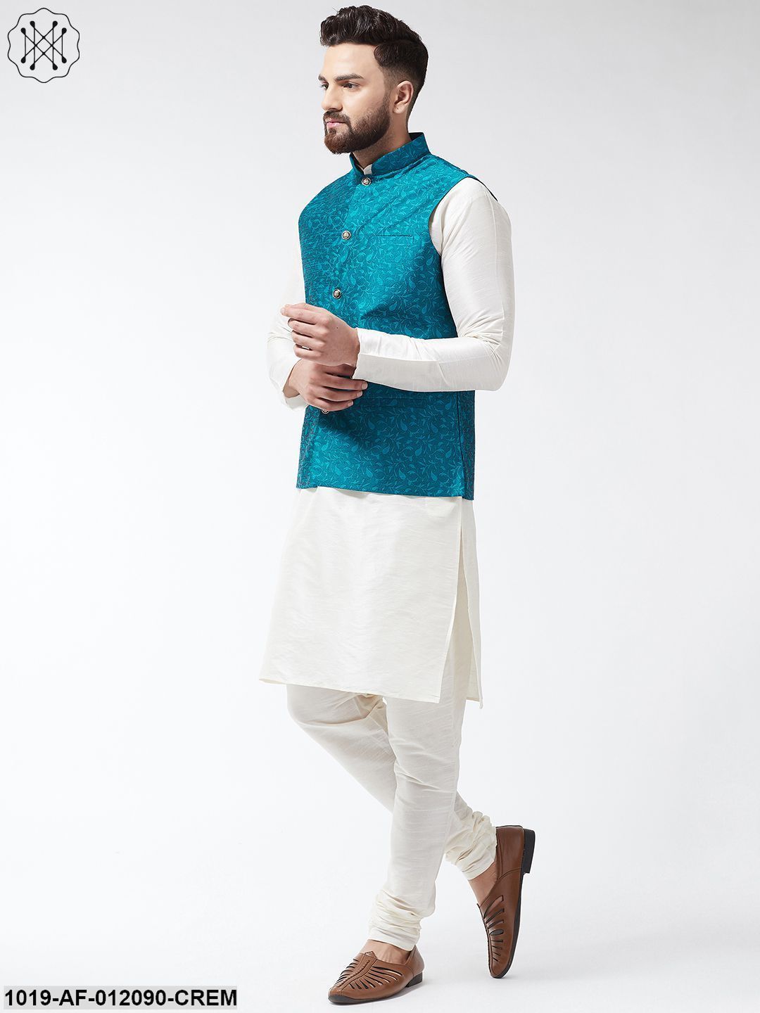 Men's Dupion Silk Kurta Pyjama And Jacquard Silk Nehru Jacket Set