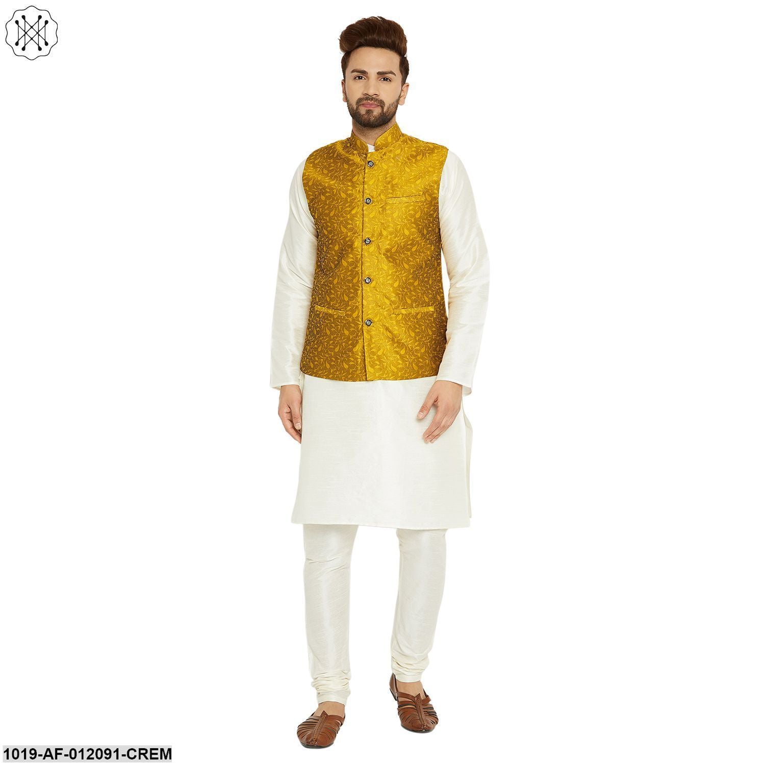 Men's Dupion Silk Kurta Pyjama And Jacquard Silk Nehru Jacket Set