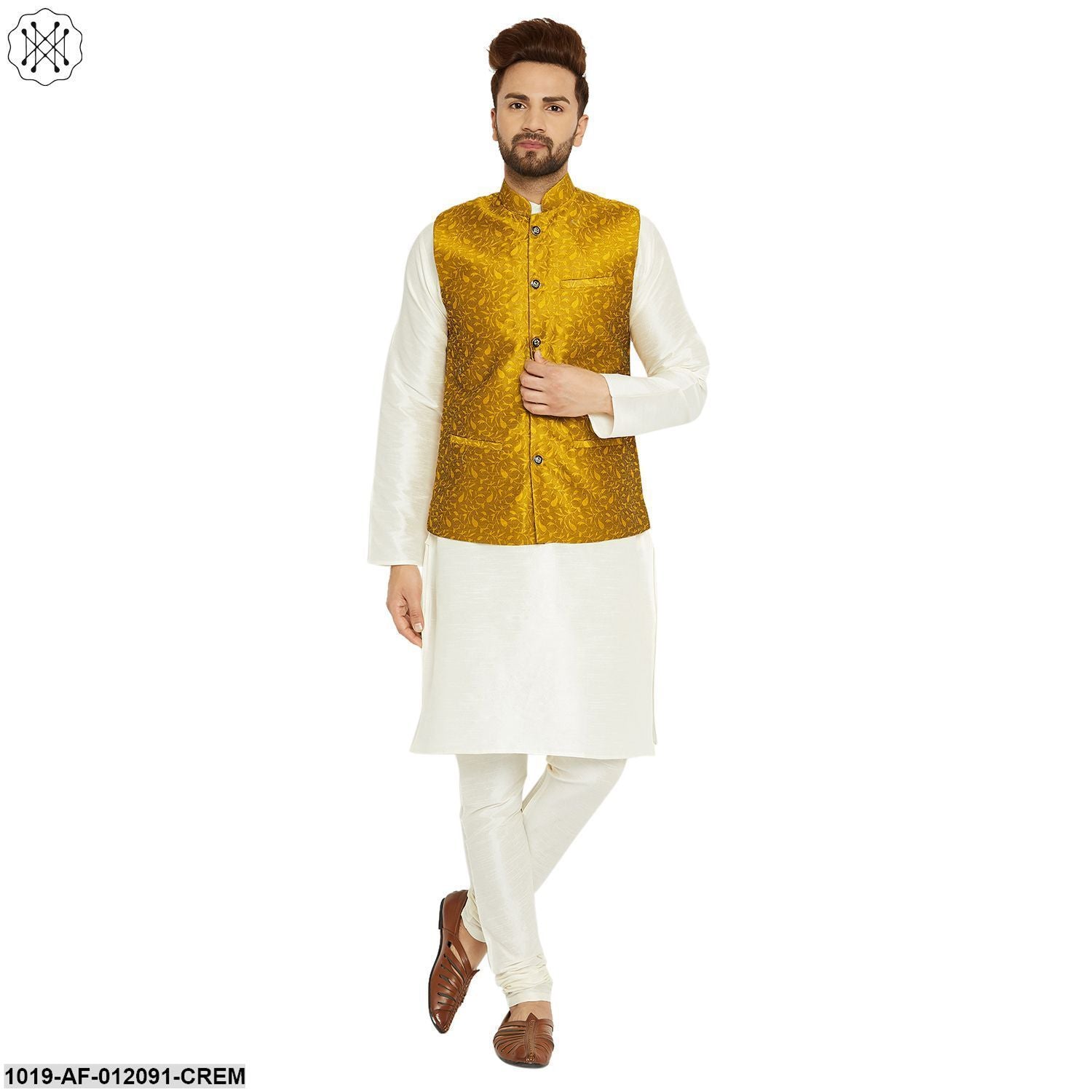 Men's Dupion Silk Kurta Pyjama And Jacquard Silk Nehru Jacket Set