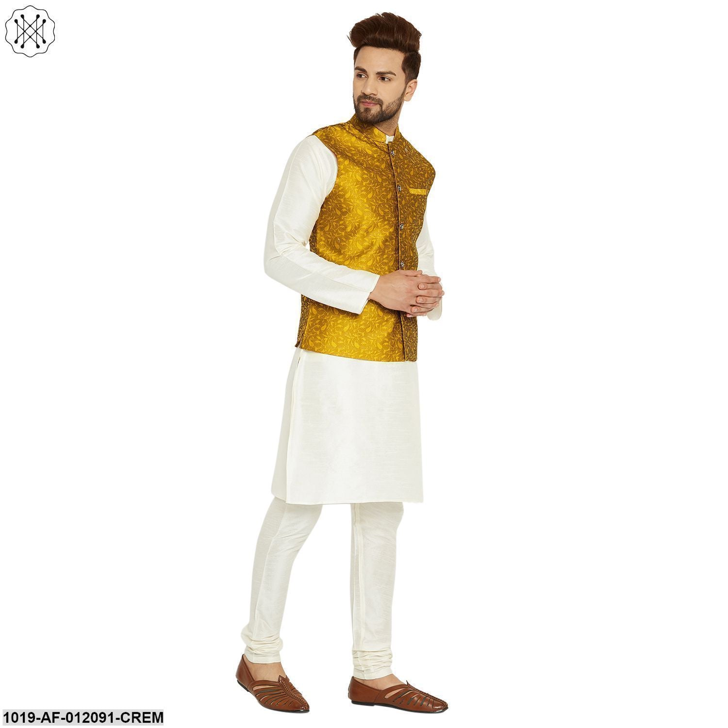 Men's Dupion Silk Kurta Pyjama And Jacquard Silk Nehru Jacket Set