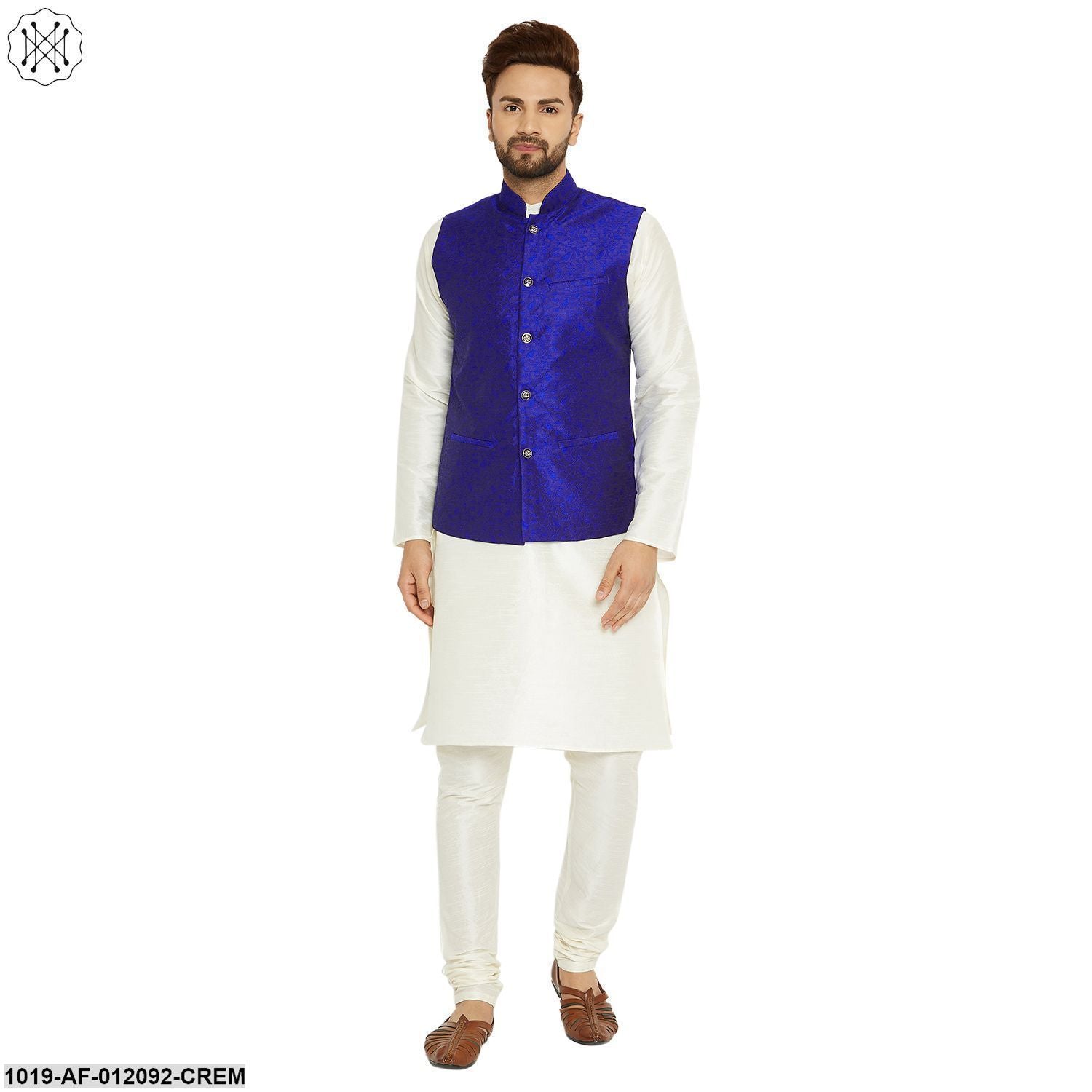 Men's Dupion Silk Kurta Pyjama And Jacquard Silk Nehru Jacket Set