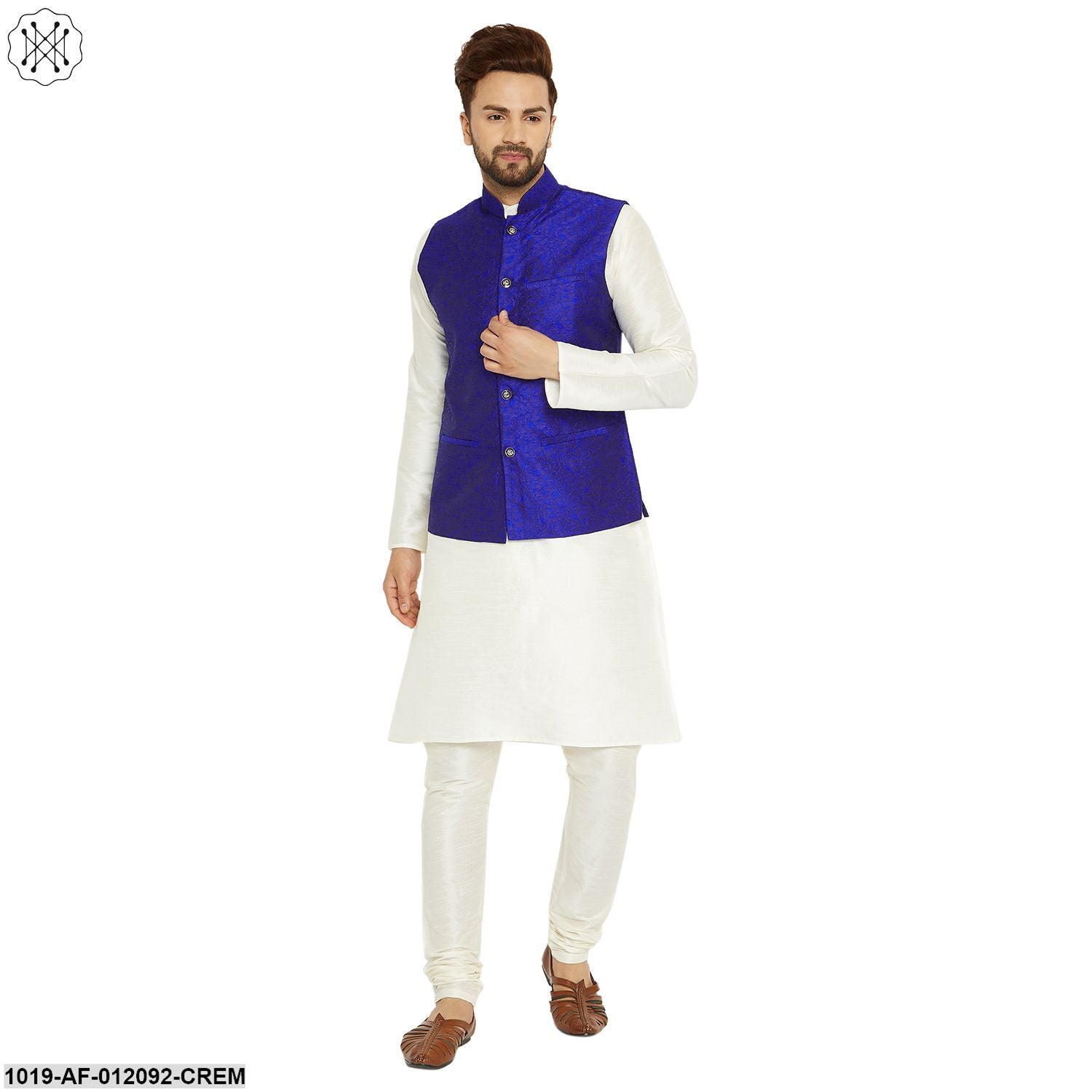 Men's Dupion Silk Kurta Pyjama And Jacquard Silk Nehru Jacket Set