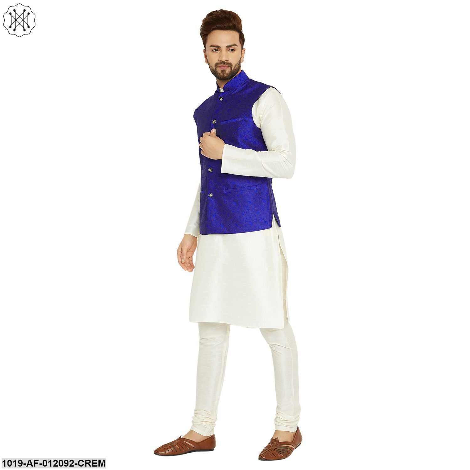 Men's Dupion Silk Kurta Pyjama And Jacquard Silk Nehru Jacket Set