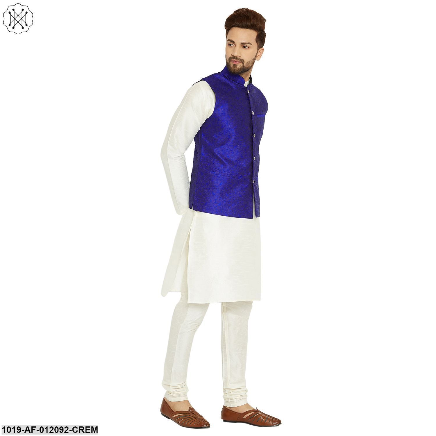 Men's Dupion Silk Kurta Pyjama And Jacquard Silk Nehru Jacket Set