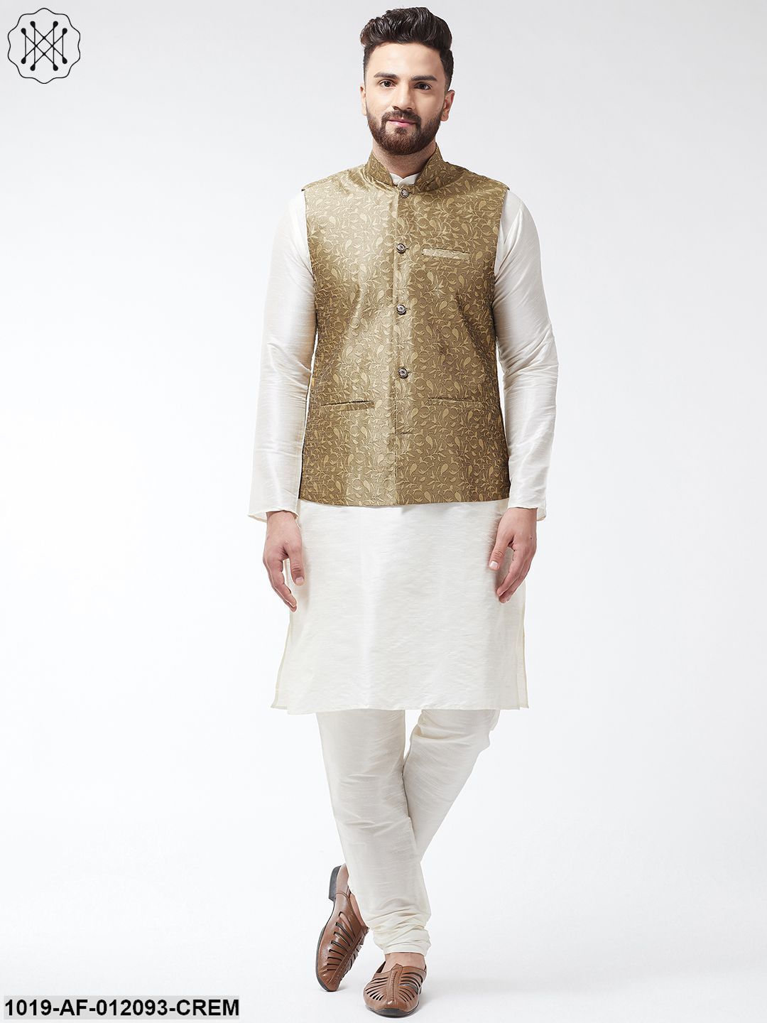 Men's Dupion Silk Kurta Pyjama And Jacquard Silk Nehru Jacket Set