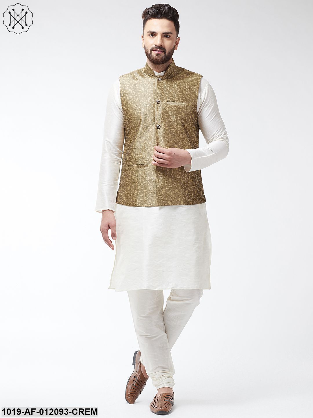 Men's Dupion Silk Kurta Pyjama And Jacquard Silk Nehru Jacket Set