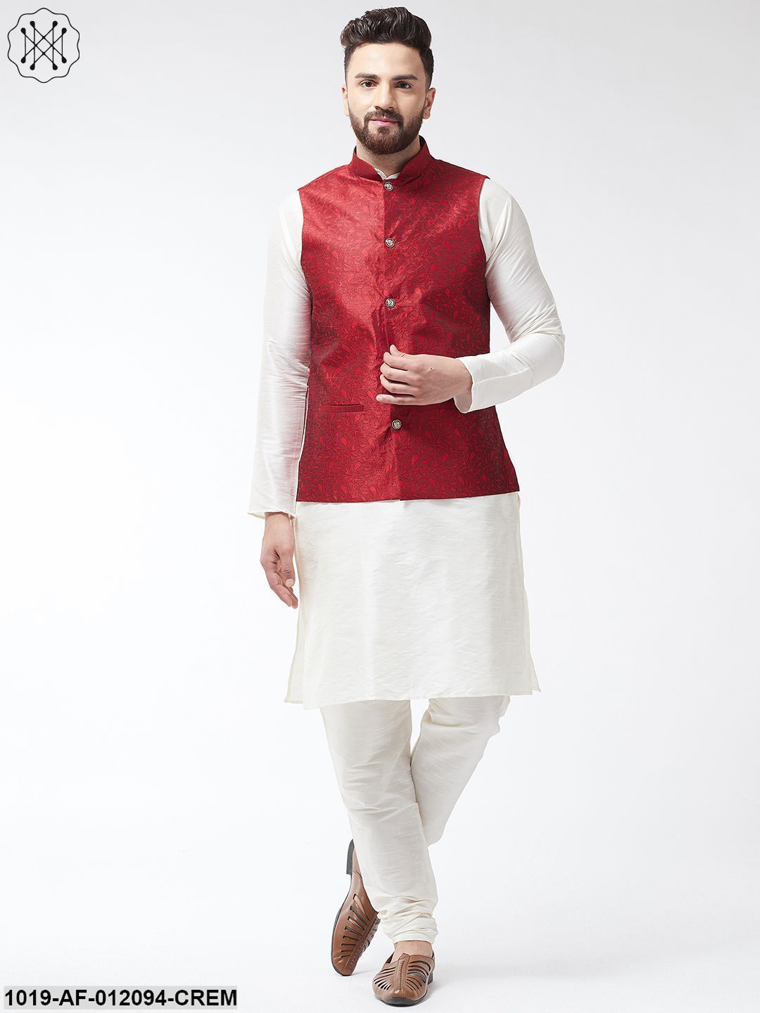 Men's Dupion Silk Kurta Pyjama And Jacquard Silk Nehru Jacket Set