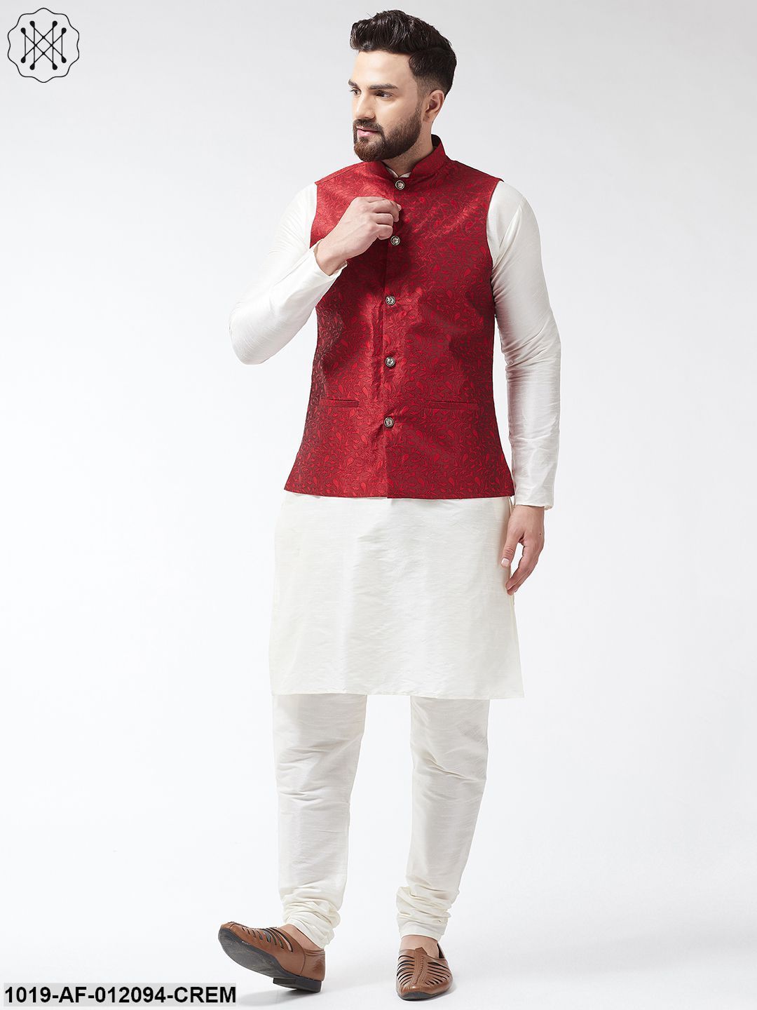 Men's Dupion Silk Kurta Pyjama And Jacquard Silk Nehru Jacket Set