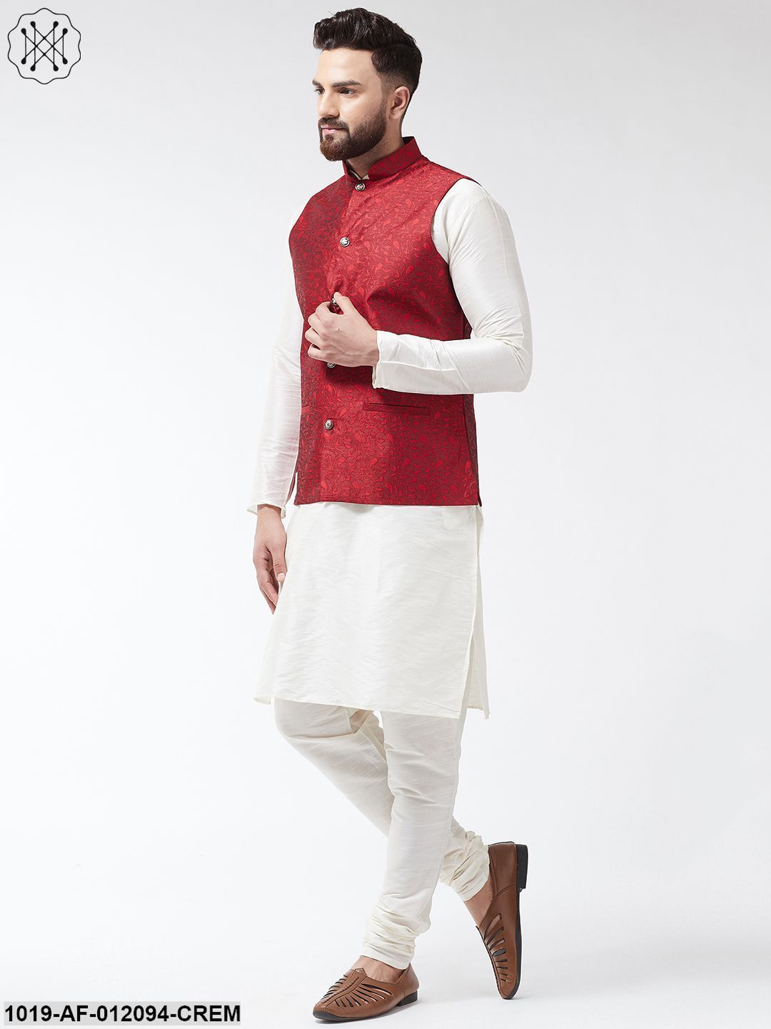 Men's Dupion Silk Kurta Pyjama And Jacquard Silk Nehru Jacket Set