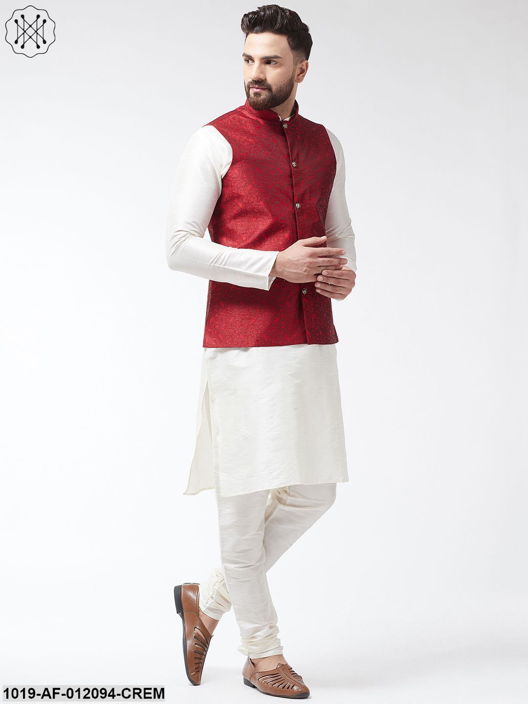Men's Dupion Silk Kurta Pyjama And Jacquard Silk Nehru Jacket Set