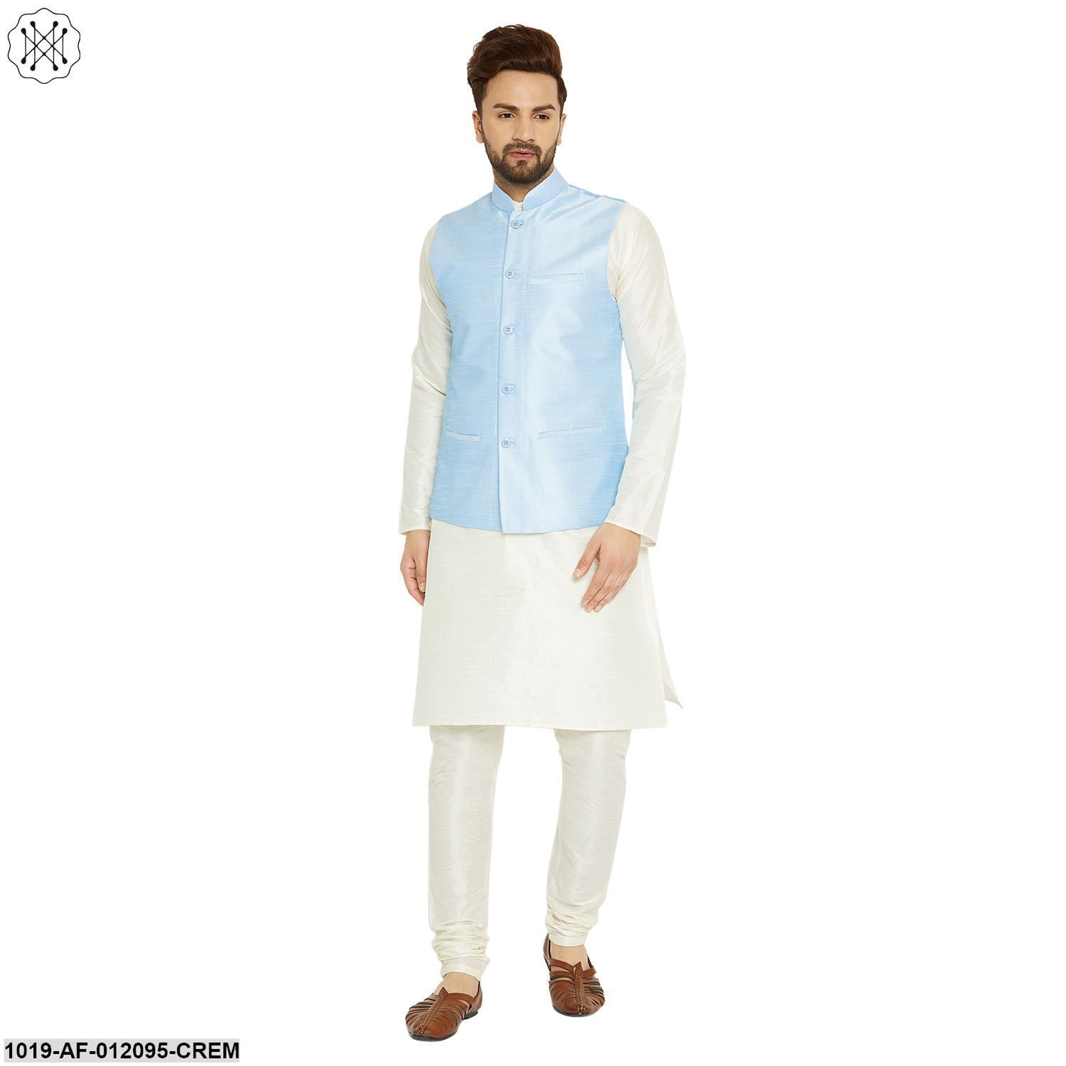 Men's Dupion Silk Kurta Pyjama And Nehru Jacket Set