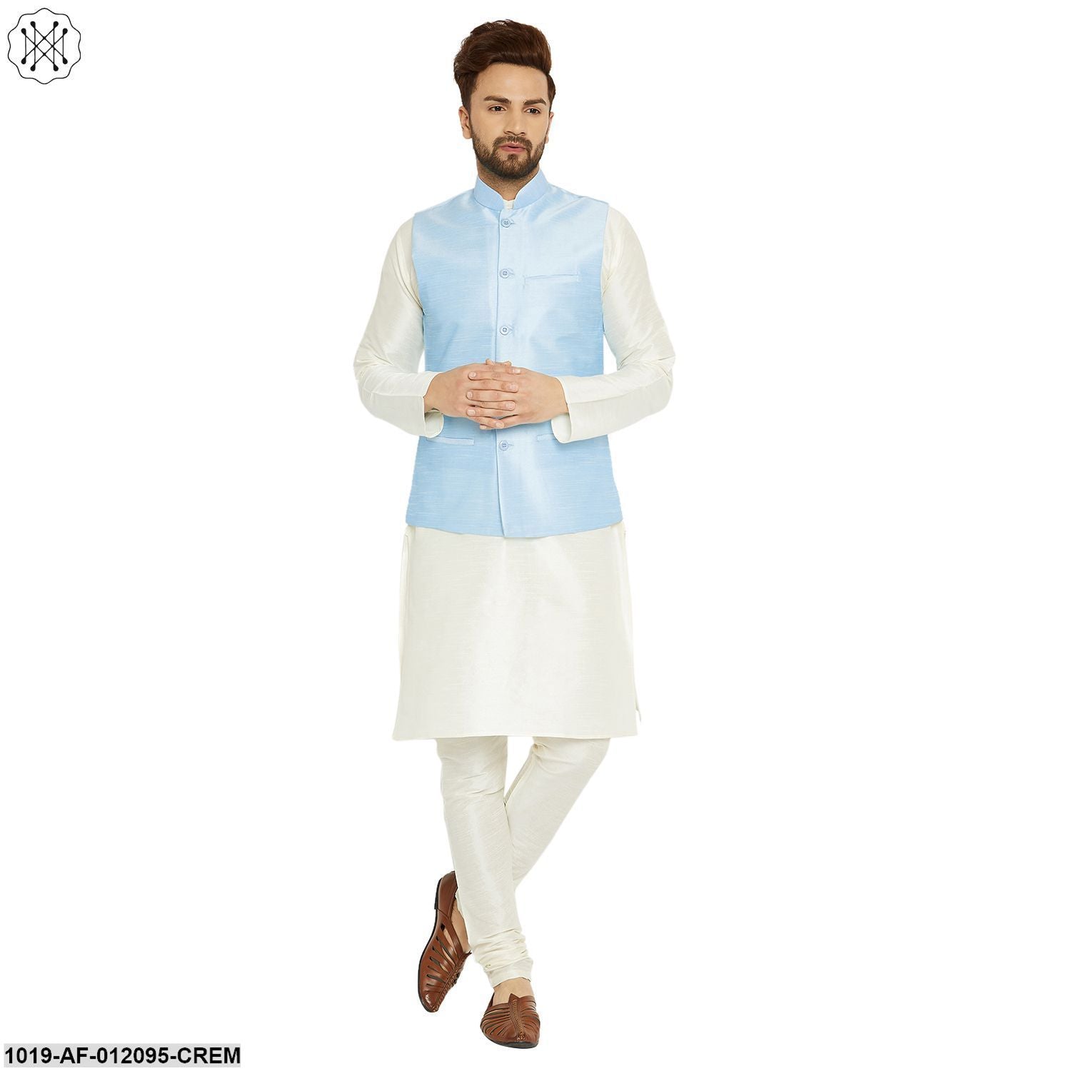Men's Dupion Silk Kurta Pyjama And Nehru Jacket Set