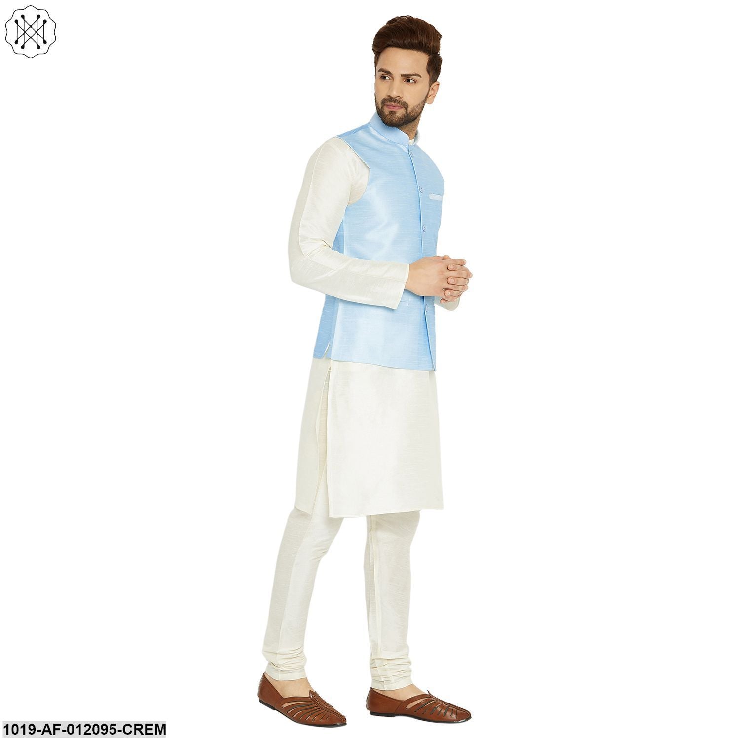 Men's Dupion Silk Kurta Pyjama And Nehru Jacket Set
