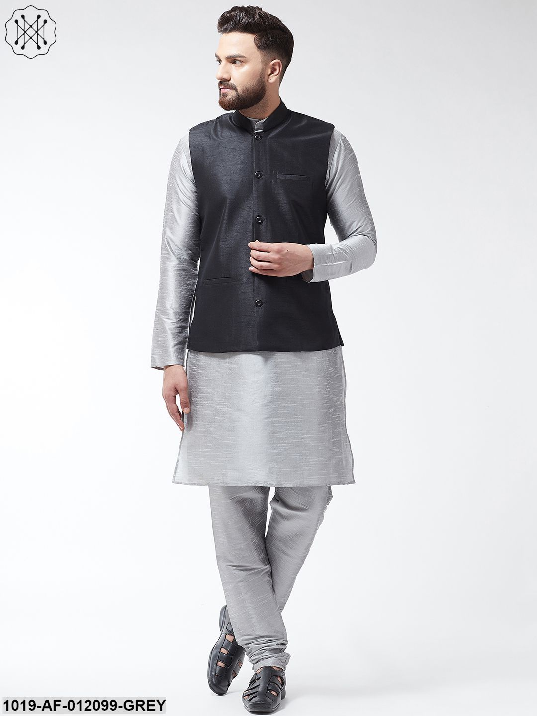 Men's Dupion Silk Kurta Pyjama And Nehru Jacket Set