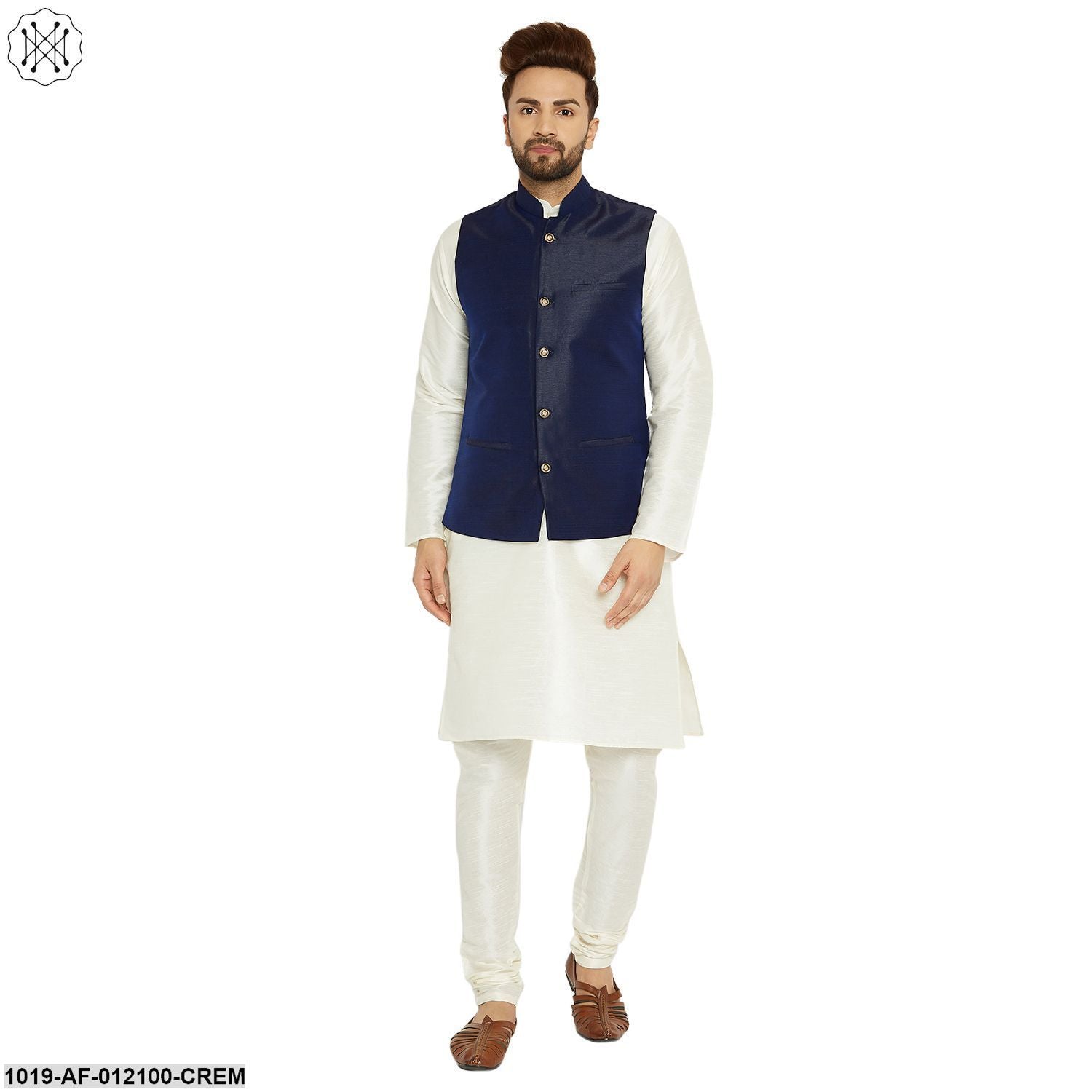 Men's Dupion Silk Kurta Pyjama And Nehru Jacket Set