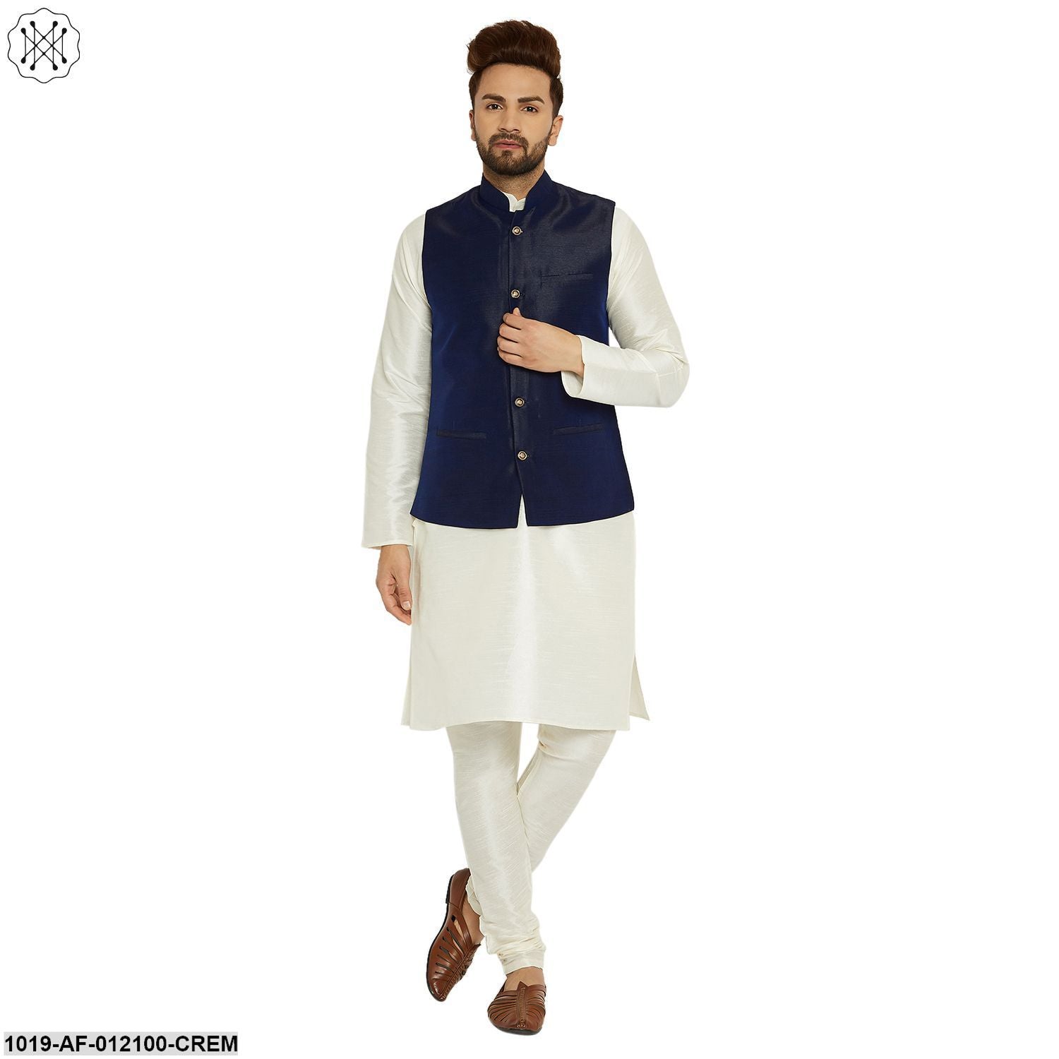 Men's Dupion Silk Kurta Pyjama And Nehru Jacket Set