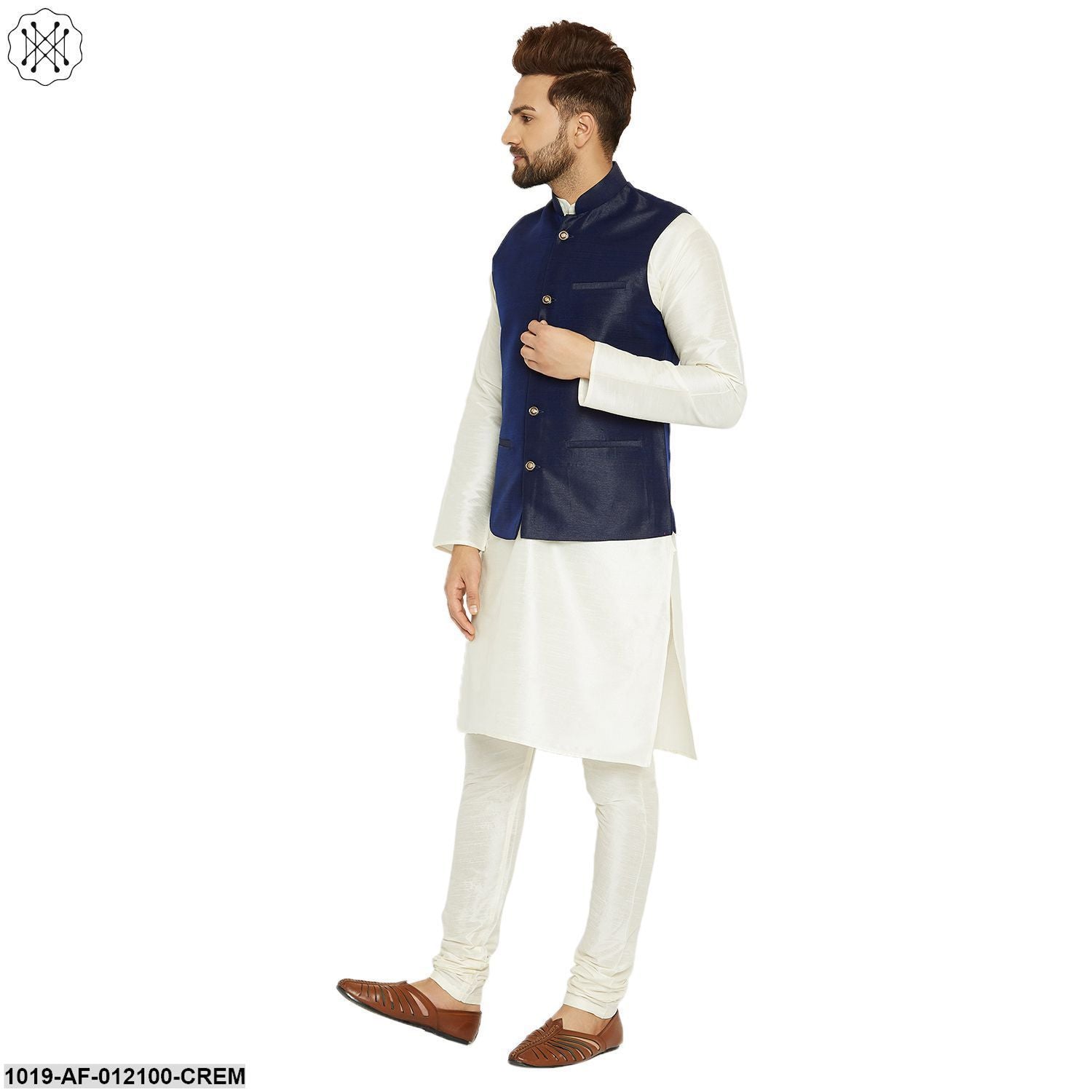 Men's Dupion Silk Kurta Pyjama And Nehru Jacket Set
