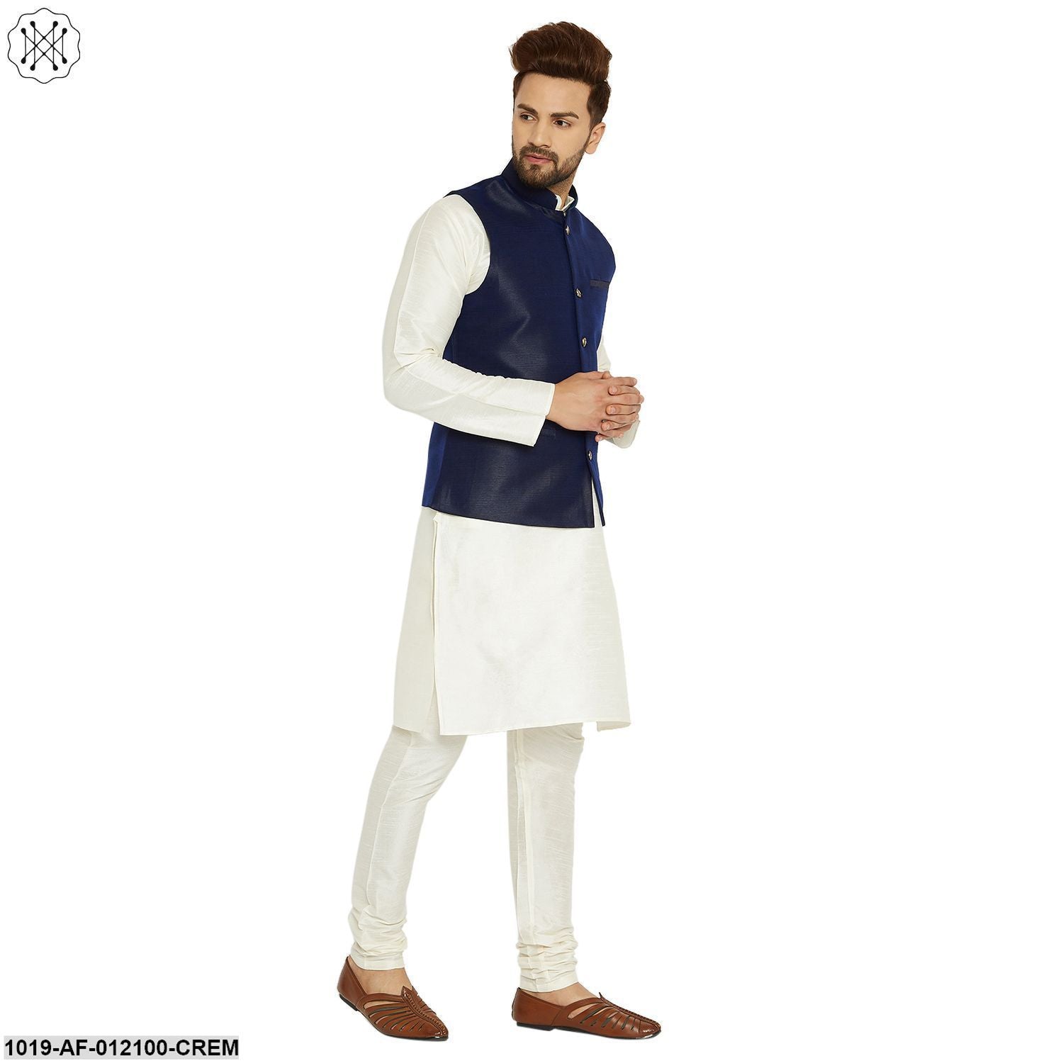Men's Dupion Silk Kurta Pyjama And Nehru Jacket Set